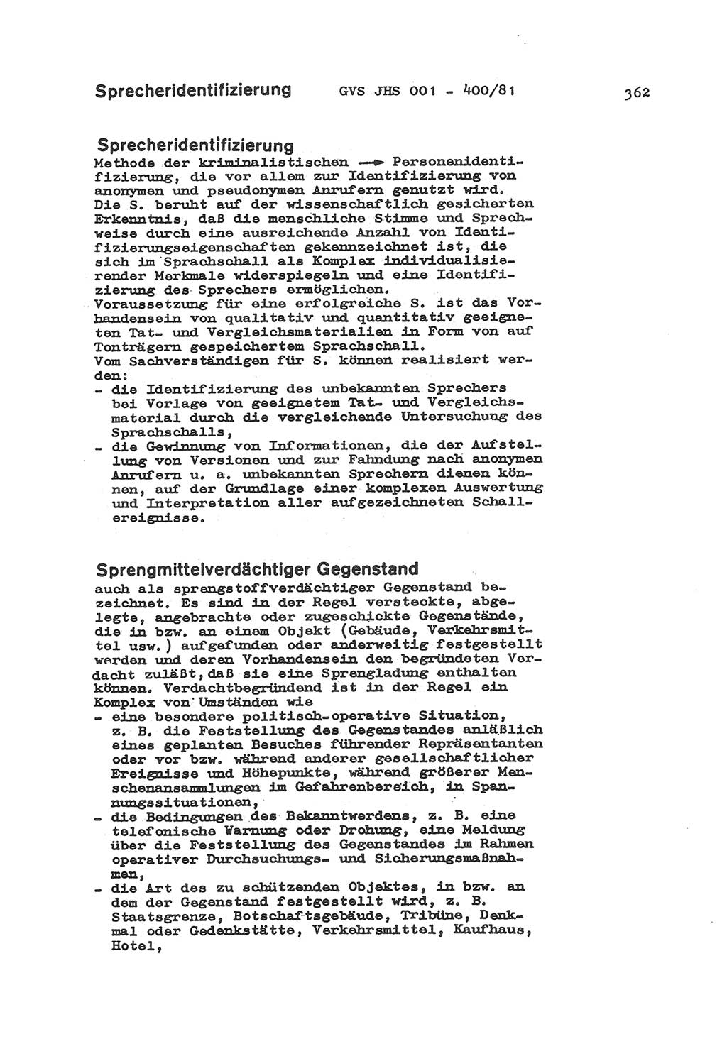 Wörterbuch der politisch-operativen Arbeit, Ministerium für Staatssicherheit (MfS) [Deutsche Demokratische Republik (DDR)], Juristische Hochschule (JHS), Geheime Verschlußsache (GVS) o001-400/81, Potsdam 1985, Blatt 362 (Wb. pol.-op. Arb. MfS DDR JHS GVS o001-400/81 1985, Bl. 362)