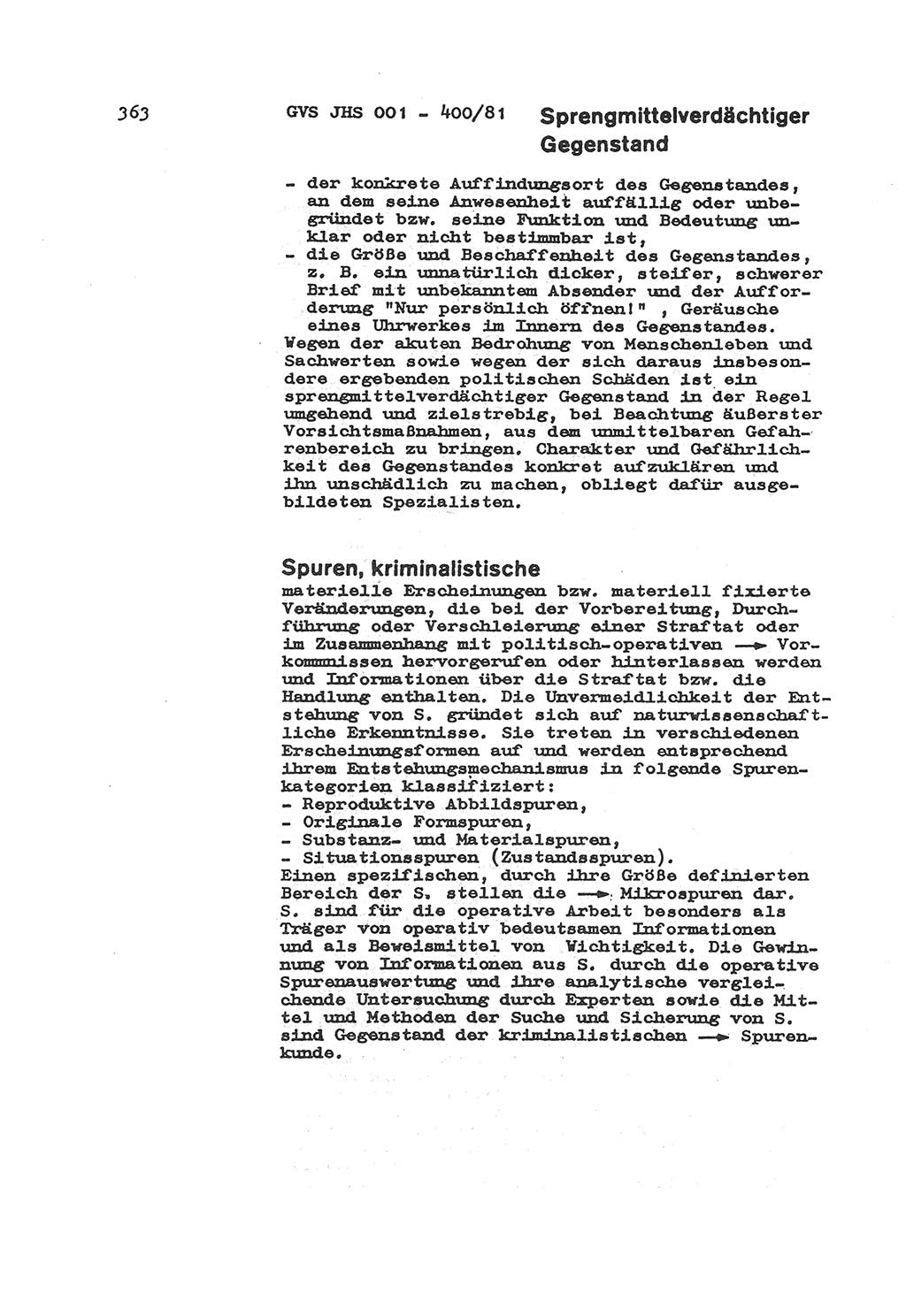 Wörterbuch der politisch-operativen Arbeit, Ministerium für Staatssicherheit (MfS) [Deutsche Demokratische Republik (DDR)], Juristische Hochschule (JHS), Geheime Verschlußsache (GVS) o001-400/81, Potsdam 1985, Blatt 363 (Wb. pol.-op. Arb. MfS DDR JHS GVS o001-400/81 1985, Bl. 363)