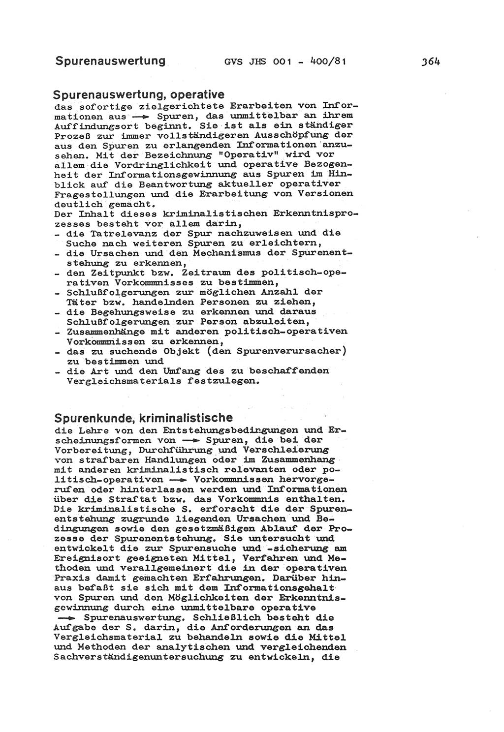 Wörterbuch der politisch-operativen Arbeit, Ministerium für Staatssicherheit (MfS) [Deutsche Demokratische Republik (DDR)], Juristische Hochschule (JHS), Geheime Verschlußsache (GVS) o001-400/81, Potsdam 1985, Blatt 364 (Wb. pol.-op. Arb. MfS DDR JHS GVS o001-400/81 1985, Bl. 364)