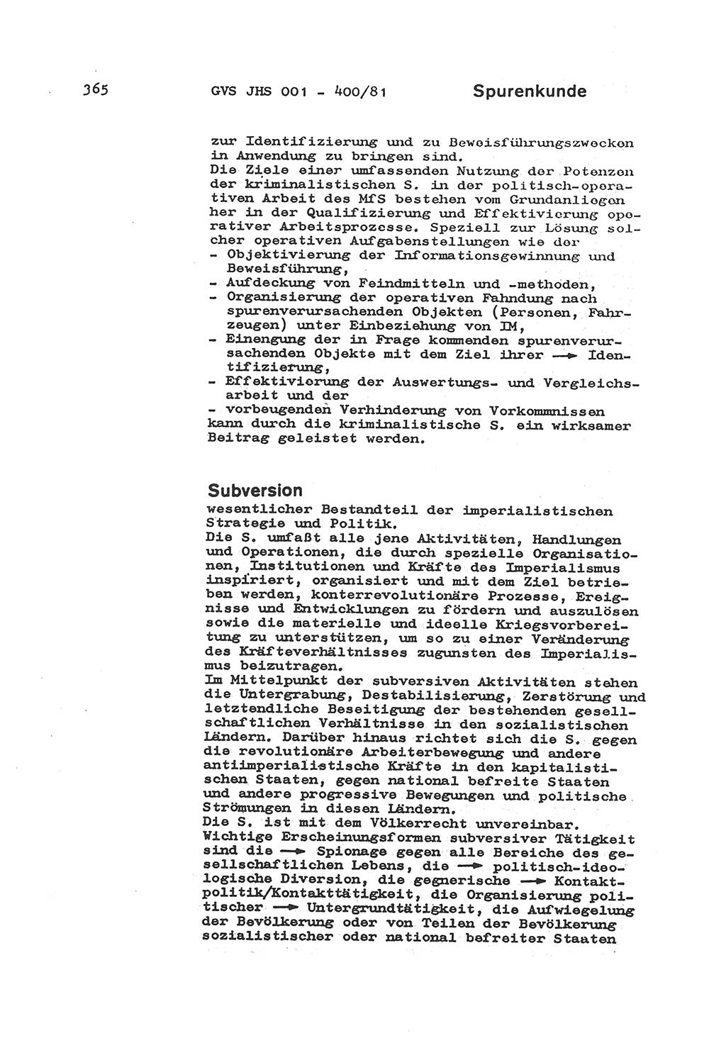 Wörterbuch der politisch-operativen Arbeit, Ministerium für Staatssicherheit (MfS) [Deutsche Demokratische Republik (DDR)], Juristische Hochschule (JHS), Geheime Verschlußsache (GVS) o001-400/81, Potsdam 1985, Blatt 365 (Wb. pol.-op. Arb. MfS DDR JHS GVS o001-400/81 1985, Bl. 365)