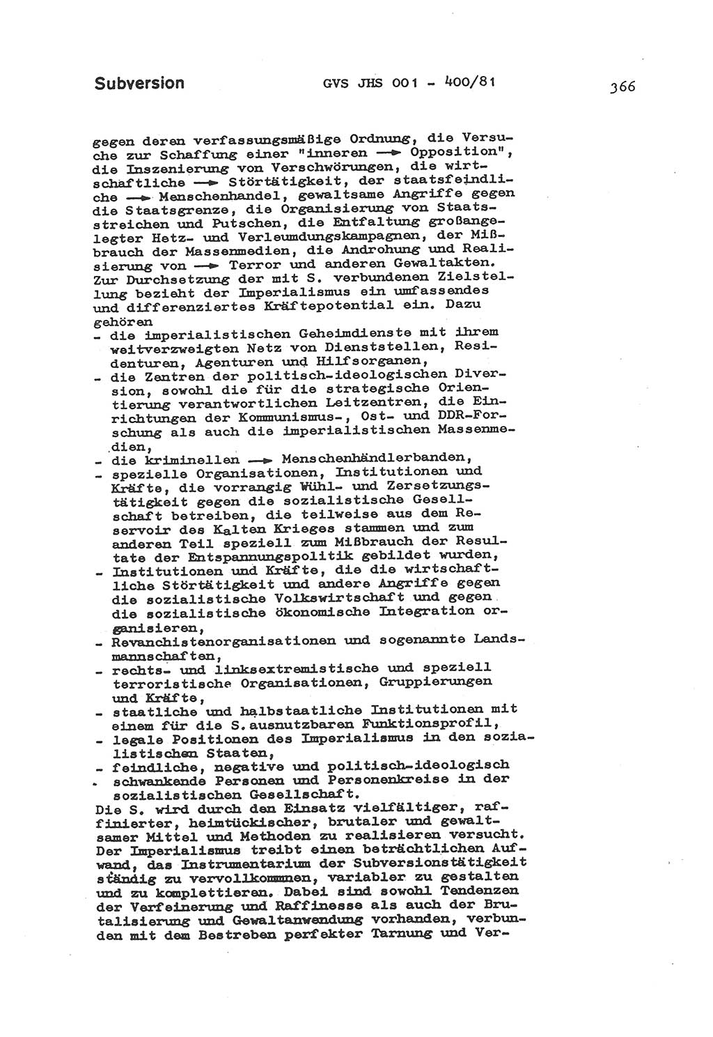 Wörterbuch der politisch-operativen Arbeit, Ministerium für Staatssicherheit (MfS) [Deutsche Demokratische Republik (DDR)], Juristische Hochschule (JHS), Geheime Verschlußsache (GVS) o001-400/81, Potsdam 1985, Blatt 366 (Wb. pol.-op. Arb. MfS DDR JHS GVS o001-400/81 1985, Bl. 366)