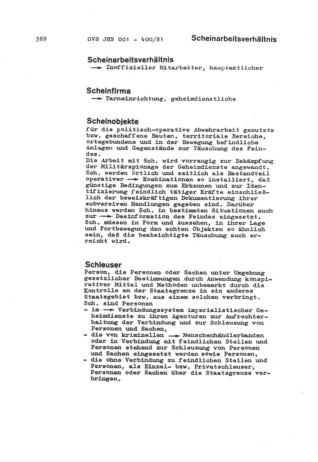 Wörterbuch der politisch-operativen Arbeit, Ministerium für Staatssicherheit (MfS) [Deutsche Demokratische Republik (DDR)], Juristische Hochschule (JHS), Geheime Verschlußsache (GVS) o001-400/81, Potsdam 1985, Blatt 369 (Wb. pol.-op. Arb. MfS DDR JHS GVS o001-400/81 1985, Bl. 369)