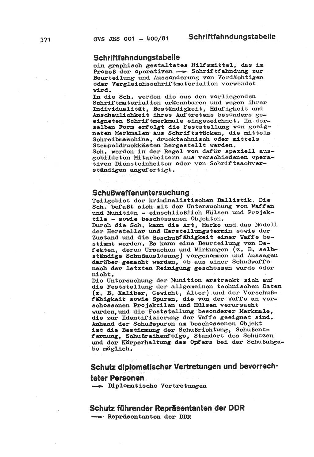 Wörterbuch der politisch-operativen Arbeit, Ministerium für Staatssicherheit (MfS) [Deutsche Demokratische Republik (DDR)], Juristische Hochschule (JHS), Geheime Verschlußsache (GVS) o001-400/81, Potsdam 1985, Blatt 371 (Wb. pol.-op. Arb. MfS DDR JHS GVS o001-400/81 1985, Bl. 371)