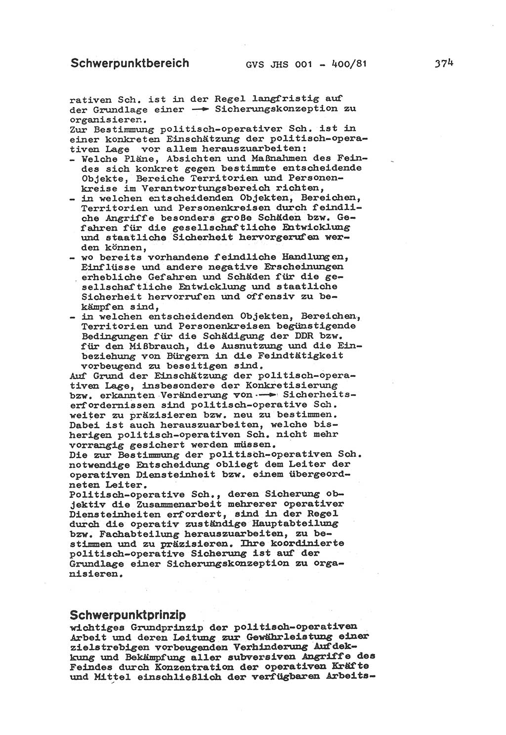 Wörterbuch der politisch-operativen Arbeit, Ministerium für Staatssicherheit (MfS) [Deutsche Demokratische Republik (DDR)], Juristische Hochschule (JHS), Geheime Verschlußsache (GVS) o001-400/81, Potsdam 1985, Blatt 374 (Wb. pol.-op. Arb. MfS DDR JHS GVS o001-400/81 1985, Bl. 374)