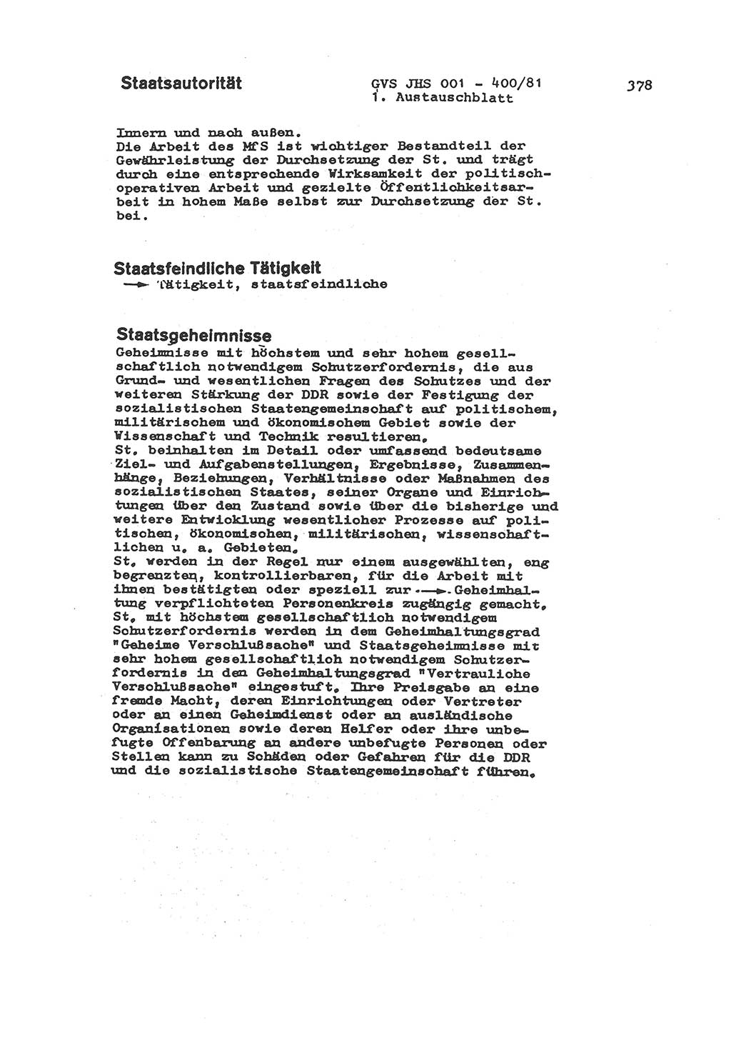 Wörterbuch der politisch-operativen Arbeit, Ministerium für Staatssicherheit (MfS) [Deutsche Demokratische Republik (DDR)], Juristische Hochschule (JHS), Geheime Verschlußsache (GVS) o001-400/81, Potsdam 1985, Blatt 378 (Wb. pol.-op. Arb. MfS DDR JHS GVS o001-400/81 1985, Bl. 378)