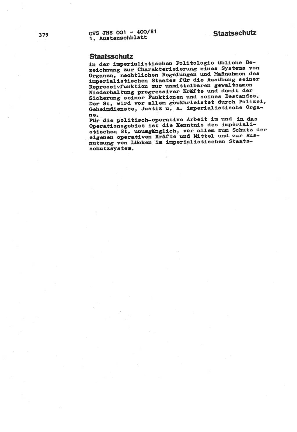 Wörterbuch der politisch-operativen Arbeit, Ministerium für Staatssicherheit (MfS) [Deutsche Demokratische Republik (DDR)], Juristische Hochschule (JHS), Geheime Verschlußsache (GVS) o001-400/81, Potsdam 1985, Blatt 379 (Wb. pol.-op. Arb. MfS DDR JHS GVS o001-400/81 1985, Bl. 379)