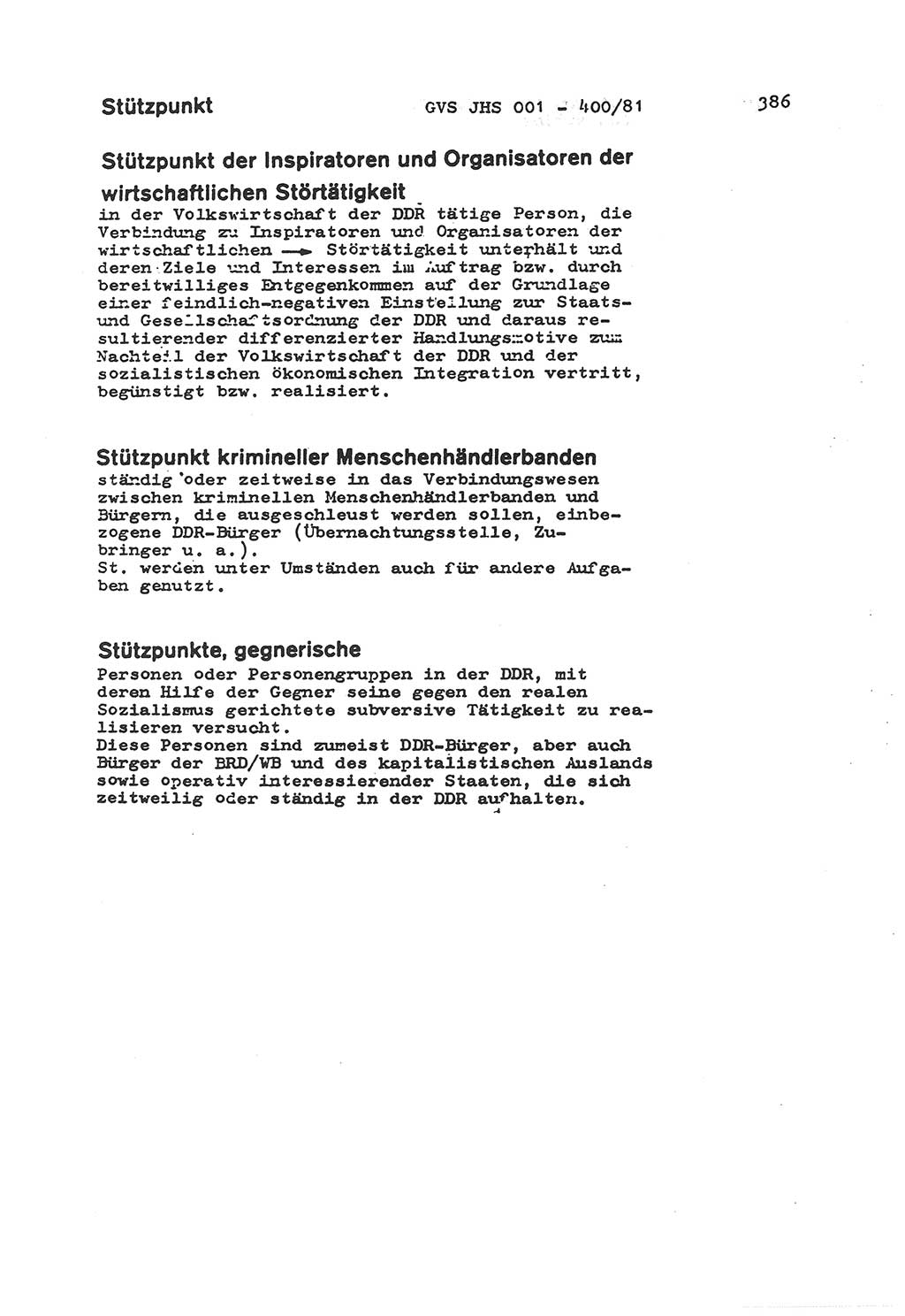 Wörterbuch der politisch-operativen Arbeit, Ministerium für Staatssicherheit (MfS) [Deutsche Demokratische Republik (DDR)], Juristische Hochschule (JHS), Geheime Verschlußsache (GVS) o001-400/81, Potsdam 1985, Blatt 386 (Wb. pol.-op. Arb. MfS DDR JHS GVS o001-400/81 1985, Bl. 386)