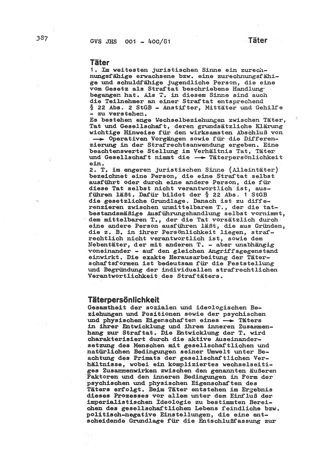 Wörterbuch der politisch-operativen Arbeit, Ministerium für Staatssicherheit (MfS) [Deutsche Demokratische Republik (DDR)], Juristische Hochschule (JHS), Geheime Verschlußsache (GVS) o001-400/81, Potsdam 1985, Blatt 387 (Wb. pol.-op. Arb. MfS DDR JHS GVS o001-400/81 1985, Bl. 387)