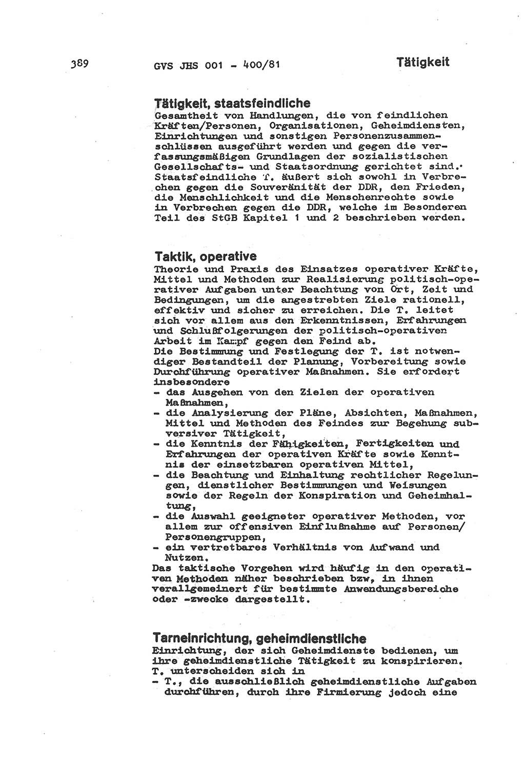 Wörterbuch der politisch-operativen Arbeit, Ministerium für Staatssicherheit (MfS) [Deutsche Demokratische Republik (DDR)], Juristische Hochschule (JHS), Geheime Verschlußsache (GVS) o001-400/81, Potsdam 1985, Blatt 389 (Wb. pol.-op. Arb. MfS DDR JHS GVS o001-400/81 1985, Bl. 389)