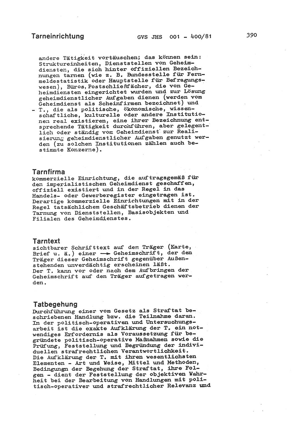 Wörterbuch der politisch-operativen Arbeit, Ministerium für Staatssicherheit (MfS) [Deutsche Demokratische Republik (DDR)], Juristische Hochschule (JHS), Geheime Verschlußsache (GVS) o001-400/81, Potsdam 1985, Blatt 390 (Wb. pol.-op. Arb. MfS DDR JHS GVS o001-400/81 1985, Bl. 390)