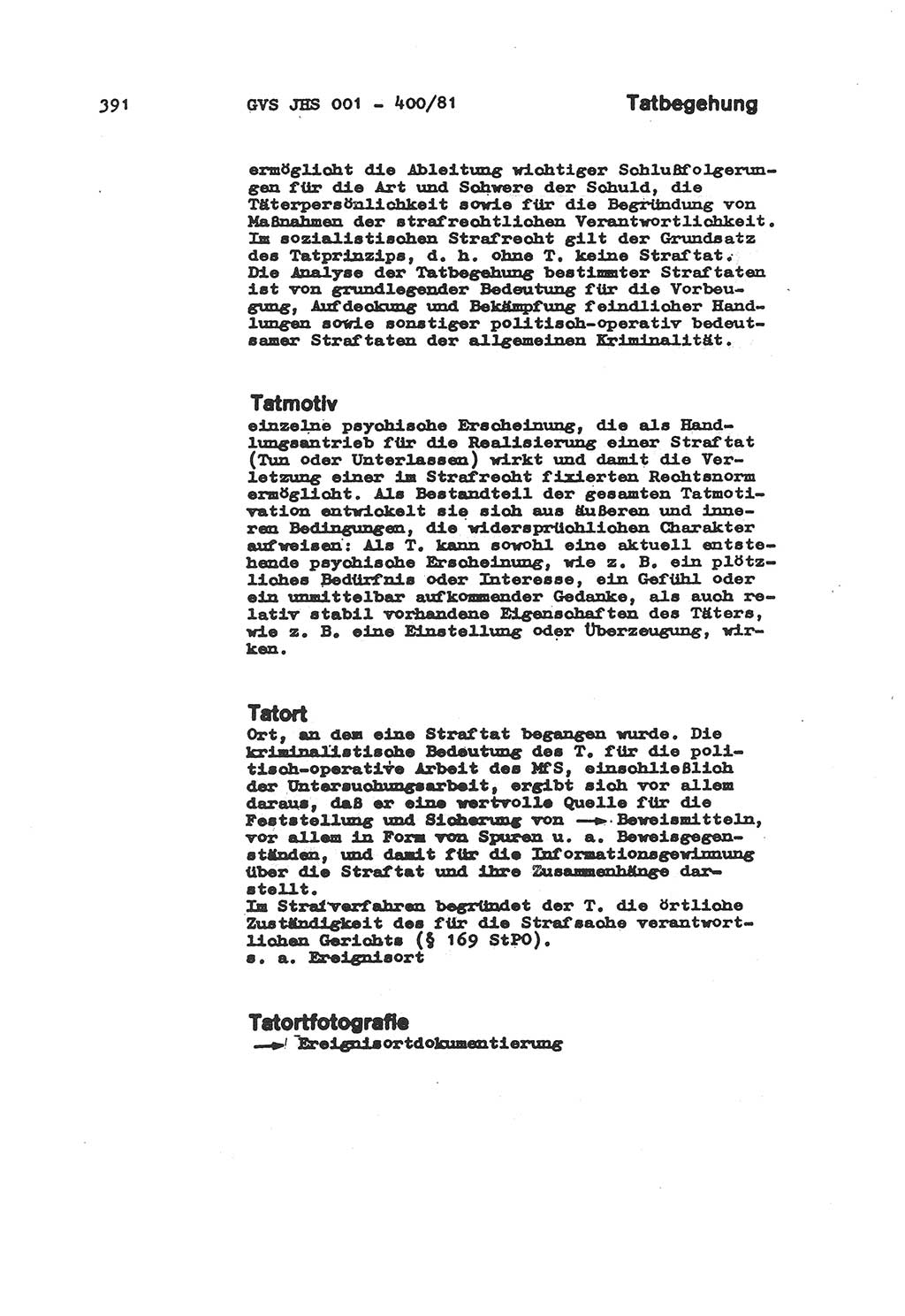 Wörterbuch der politisch-operativen Arbeit, Ministerium für Staatssicherheit (MfS) [Deutsche Demokratische Republik (DDR)], Juristische Hochschule (JHS), Geheime Verschlußsache (GVS) o001-400/81, Potsdam 1985, Blatt 391 (Wb. pol.-op. Arb. MfS DDR JHS GVS o001-400/81 1985, Bl. 391)