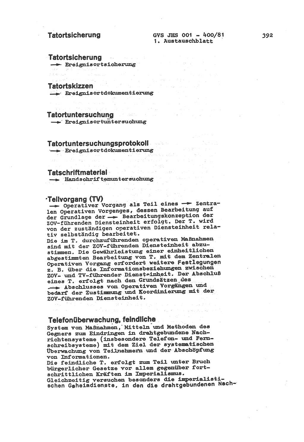 Wörterbuch der politisch-operativen Arbeit, Ministerium für Staatssicherheit (MfS) [Deutsche Demokratische Republik (DDR)], Juristische Hochschule (JHS), Geheime Verschlußsache (GVS) o001-400/81, Potsdam 1985, Blatt 392 (Wb. pol.-op. Arb. MfS DDR JHS GVS o001-400/81 1985, Bl. 392)