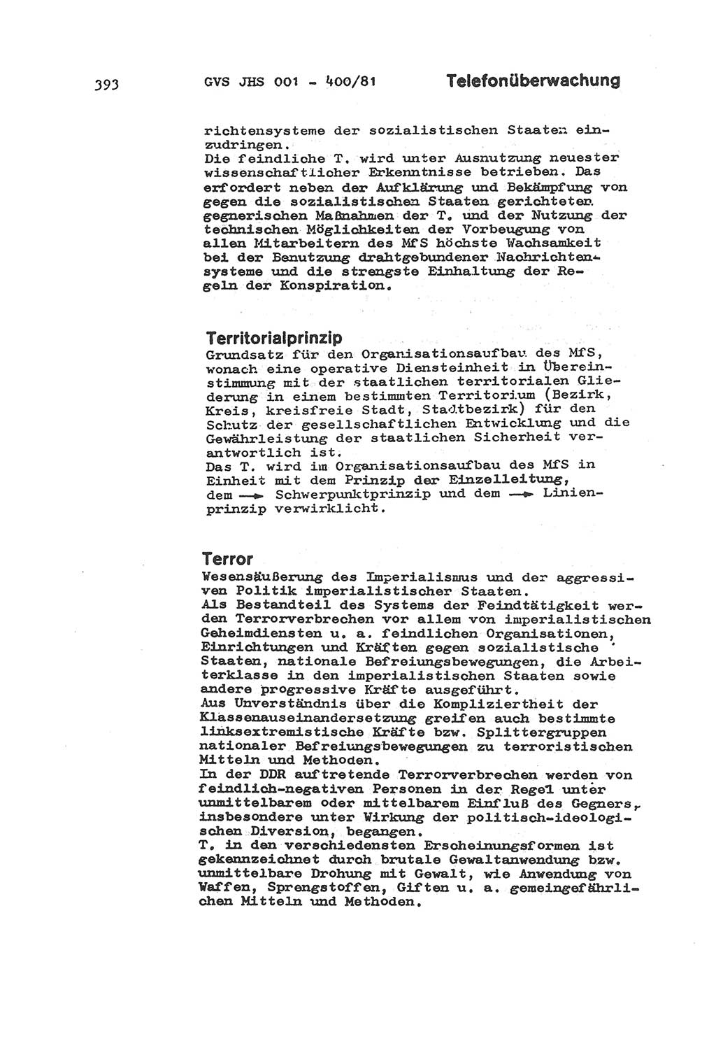 Wörterbuch der politisch-operativen Arbeit, Ministerium für Staatssicherheit (MfS) [Deutsche Demokratische Republik (DDR)], Juristische Hochschule (JHS), Geheime Verschlußsache (GVS) o001-400/81, Potsdam 1985, Blatt 393 (Wb. pol.-op. Arb. MfS DDR JHS GVS o001-400/81 1985, Bl. 393)