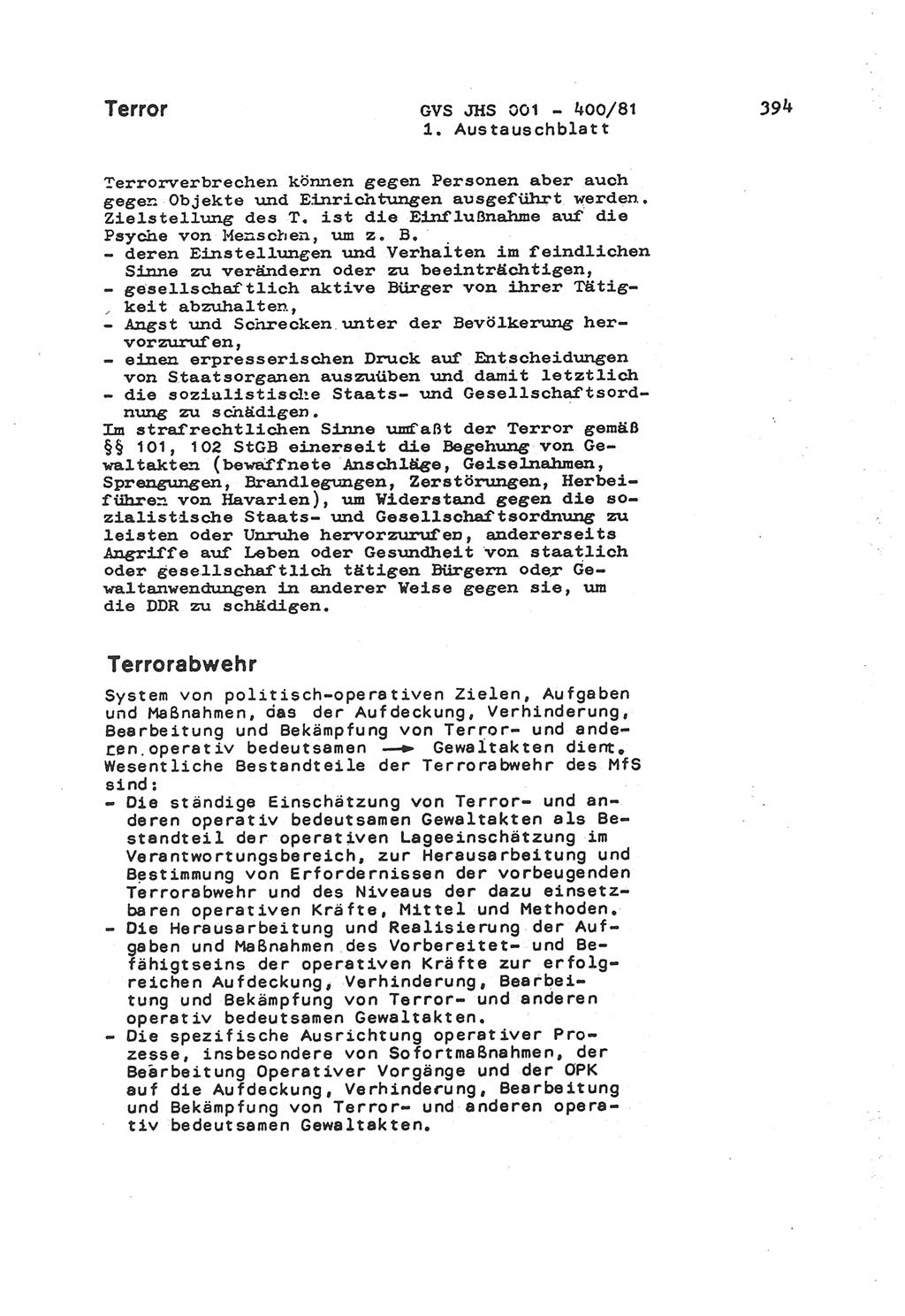 Wörterbuch der politisch-operativen Arbeit, Ministerium für Staatssicherheit (MfS) [Deutsche Demokratische Republik (DDR)], Juristische Hochschule (JHS), Geheime Verschlußsache (GVS) o001-400/81, Potsdam 1985, Blatt 394 (Wb. pol.-op. Arb. MfS DDR JHS GVS o001-400/81 1985, Bl. 394)