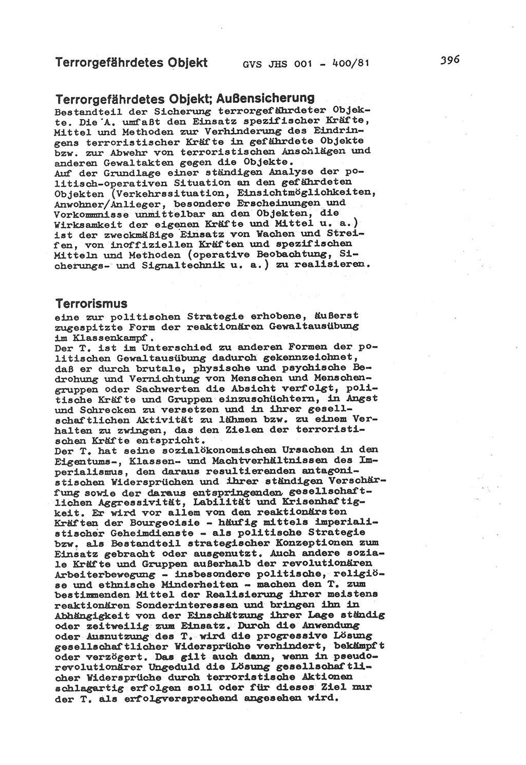 Wörterbuch der politisch-operativen Arbeit, Ministerium für Staatssicherheit (MfS) [Deutsche Demokratische Republik (DDR)], Juristische Hochschule (JHS), Geheime Verschlußsache (GVS) o001-400/81, Potsdam 1985, Blatt 396 (Wb. pol.-op. Arb. MfS DDR JHS GVS o001-400/81 1985, Bl. 396)