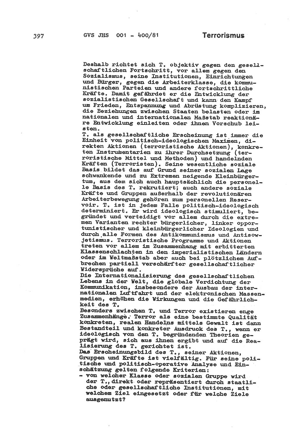 Wörterbuch der politisch-operativen Arbeit, Ministerium für Staatssicherheit (MfS) [Deutsche Demokratische Republik (DDR)], Juristische Hochschule (JHS), Geheime Verschlußsache (GVS) o001-400/81, Potsdam 1985, Blatt 397 (Wb. pol.-op. Arb. MfS DDR JHS GVS o001-400/81 1985, Bl. 397)