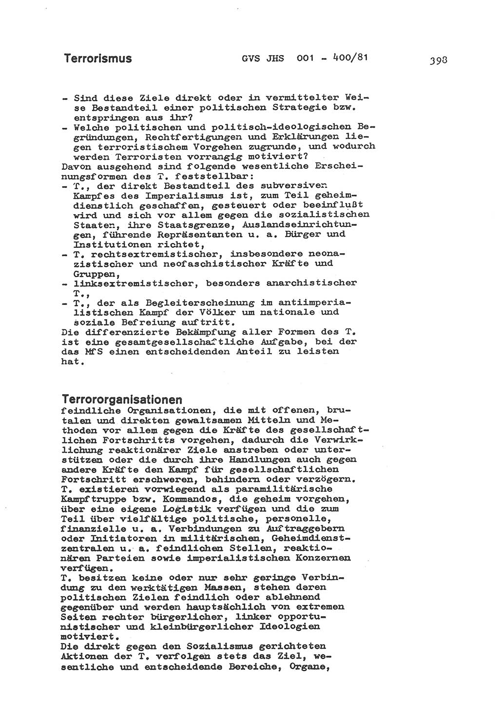 Wörterbuch der politisch-operativen Arbeit, Ministerium für Staatssicherheit (MfS) [Deutsche Demokratische Republik (DDR)], Juristische Hochschule (JHS), Geheime Verschlußsache (GVS) o001-400/81, Potsdam 1985, Blatt 398 (Wb. pol.-op. Arb. MfS DDR JHS GVS o001-400/81 1985, Bl. 398)