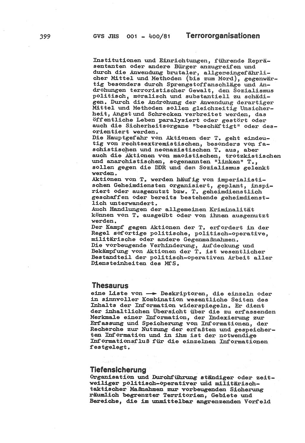 Wörterbuch der politisch-operativen Arbeit, Ministerium für Staatssicherheit (MfS) [Deutsche Demokratische Republik (DDR)], Juristische Hochschule (JHS), Geheime Verschlußsache (GVS) o001-400/81, Potsdam 1985, Blatt 399 (Wb. pol.-op. Arb. MfS DDR JHS GVS o001-400/81 1985, Bl. 399)