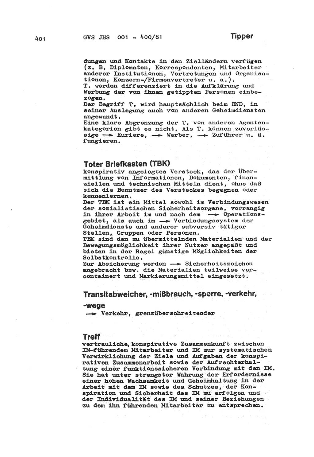 Wörterbuch der politisch-operativen Arbeit, Ministerium für Staatssicherheit (MfS) [Deutsche Demokratische Republik (DDR)], Juristische Hochschule (JHS), Geheime Verschlußsache (GVS) o001-400/81, Potsdam 1985, Blatt 401 (Wb. pol.-op. Arb. MfS DDR JHS GVS o001-400/81 1985, Bl. 401)