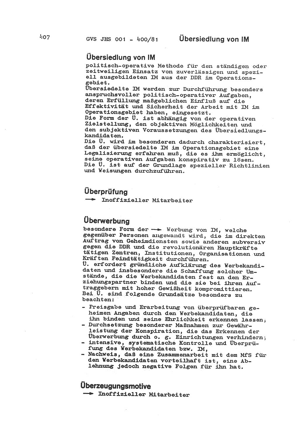 Wörterbuch der politisch-operativen Arbeit, Ministerium für Staatssicherheit (MfS) [Deutsche Demokratische Republik (DDR)], Juristische Hochschule (JHS), Geheime Verschlußsache (GVS) o001-400/81, Potsdam 1985, Blatt 407 (Wb. pol.-op. Arb. MfS DDR JHS GVS o001-400/81 1985, Bl. 407)