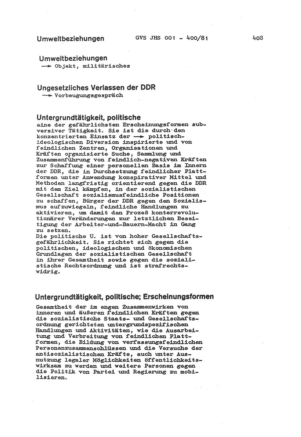 Wörterbuch der politisch-operativen Arbeit, Ministerium für Staatssicherheit (MfS) [Deutsche Demokratische Republik (DDR)], Juristische Hochschule (JHS), Geheime Verschlußsache (GVS) o001-400/81, Potsdam 1985, Blatt 408 (Wb. pol.-op. Arb. MfS DDR JHS GVS o001-400/81 1985, Bl. 408)
