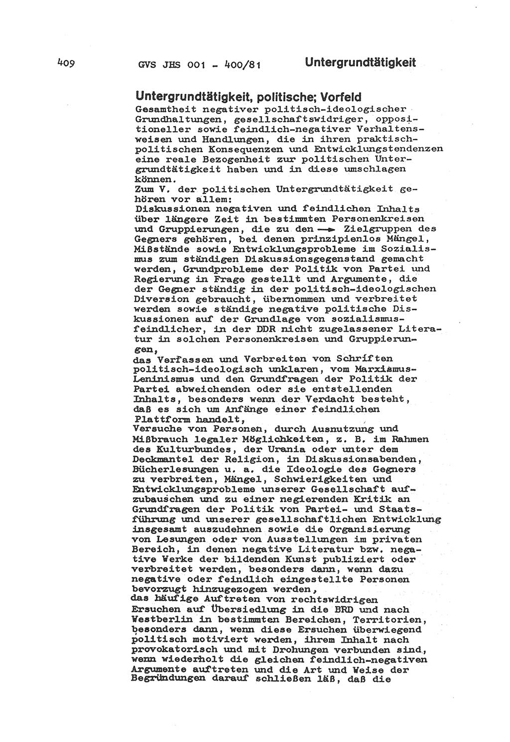 Wörterbuch der politisch-operativen Arbeit, Ministerium für Staatssicherheit (MfS) [Deutsche Demokratische Republik (DDR)], Juristische Hochschule (JHS), Geheime Verschlußsache (GVS) o001-400/81, Potsdam 1985, Blatt 409 (Wb. pol.-op. Arb. MfS DDR JHS GVS o001-400/81 1985, Bl. 409)