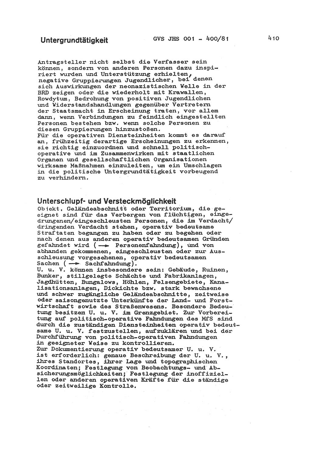 Wörterbuch der politisch-operativen Arbeit, Ministerium für Staatssicherheit (MfS) [Deutsche Demokratische Republik (DDR)], Juristische Hochschule (JHS), Geheime Verschlußsache (GVS) o001-400/81, Potsdam 1985, Blatt 410 (Wb. pol.-op. Arb. MfS DDR JHS GVS o001-400/81 1985, Bl. 410)