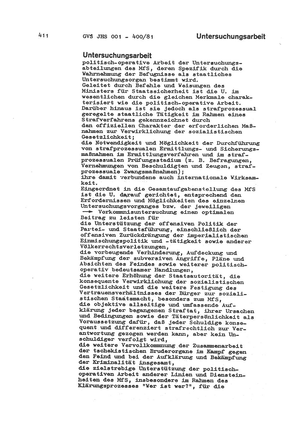 Wörterbuch der politisch-operativen Arbeit, Ministerium für Staatssicherheit (MfS) [Deutsche Demokratische Republik (DDR)], Juristische Hochschule (JHS), Geheime Verschlußsache (GVS) o001-400/81, Potsdam 1985, Blatt 411 (Wb. pol.-op. Arb. MfS DDR JHS GVS o001-400/81 1985, Bl. 411)