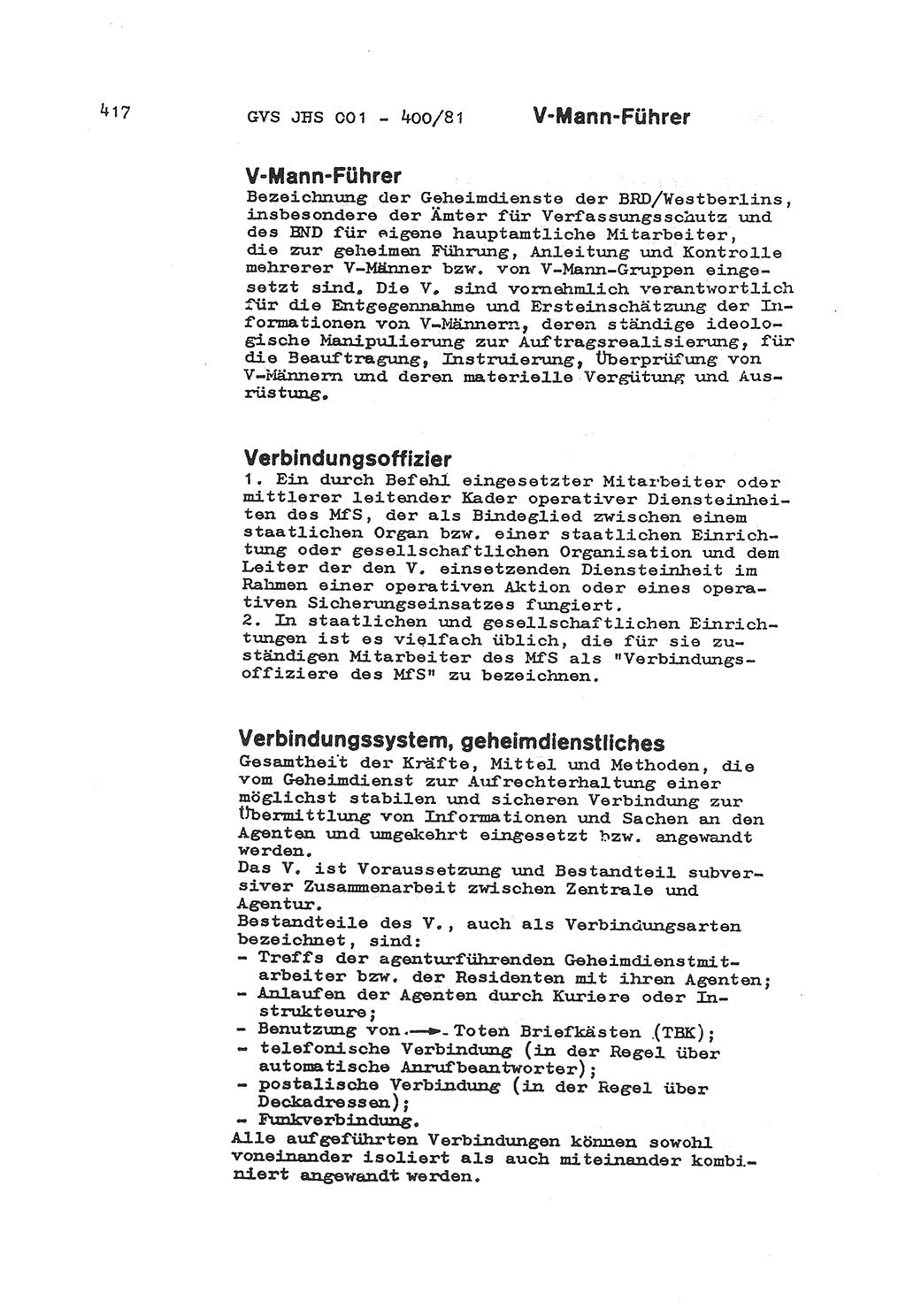 Wörterbuch der politisch-operativen Arbeit, Ministerium für Staatssicherheit (MfS) [Deutsche Demokratische Republik (DDR)], Juristische Hochschule (JHS), Geheime Verschlußsache (GVS) o001-400/81, Potsdam 1985, Blatt 417 (Wb. pol.-op. Arb. MfS DDR JHS GVS o001-400/81 1985, Bl. 417)