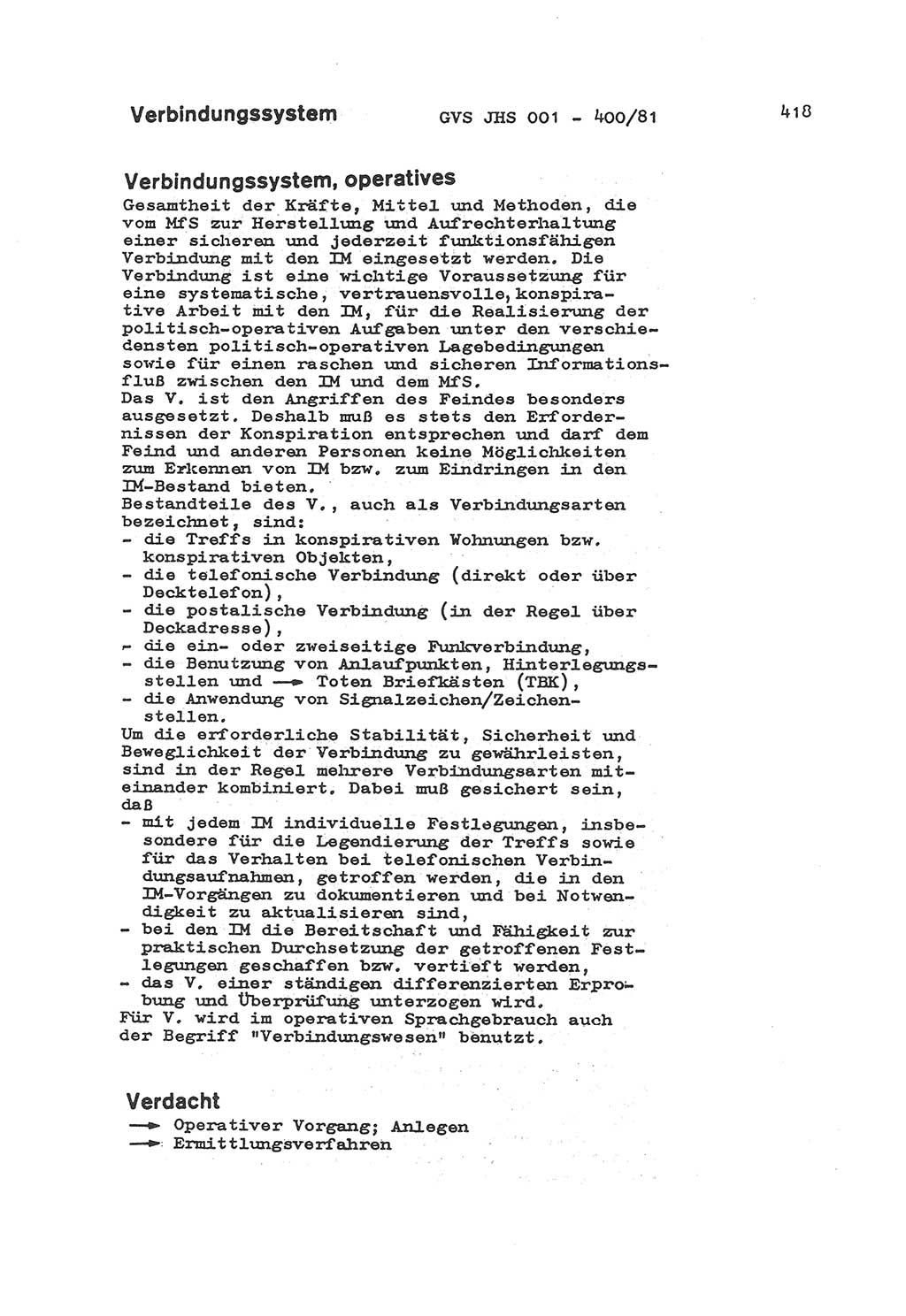 Wörterbuch der politisch-operativen Arbeit, Ministerium für Staatssicherheit (MfS) [Deutsche Demokratische Republik (DDR)], Juristische Hochschule (JHS), Geheime Verschlußsache (GVS) o001-400/81, Potsdam 1985, Blatt 418 (Wb. pol.-op. Arb. MfS DDR JHS GVS o001-400/81 1985, Bl. 418)