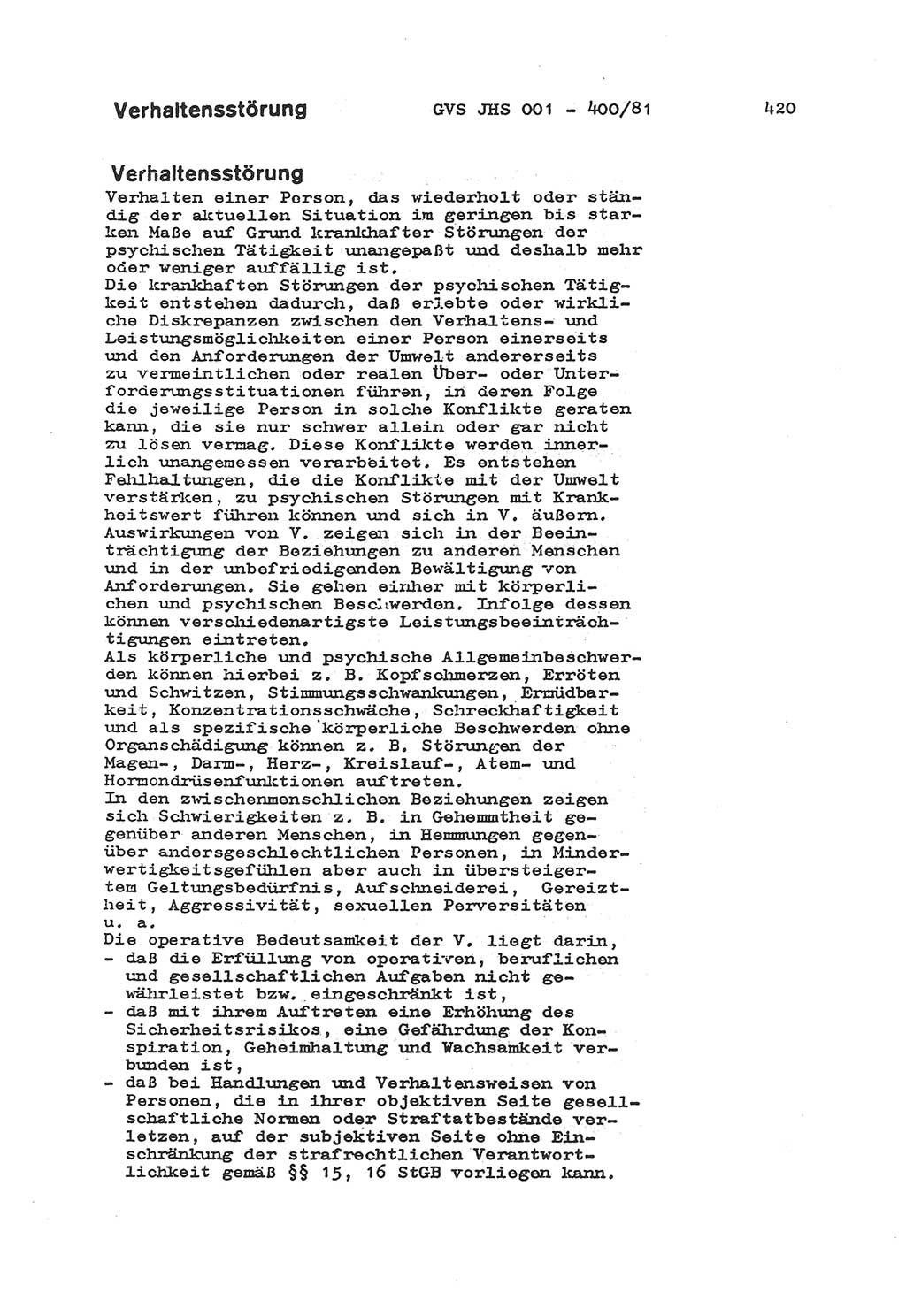 Wörterbuch der politisch-operativen Arbeit, Ministerium für Staatssicherheit (MfS) [Deutsche Demokratische Republik (DDR)], Juristische Hochschule (JHS), Geheime Verschlußsache (GVS) o001-400/81, Potsdam 1985, Blatt 420 (Wb. pol.-op. Arb. MfS DDR JHS GVS o001-400/81 1985, Bl. 420)