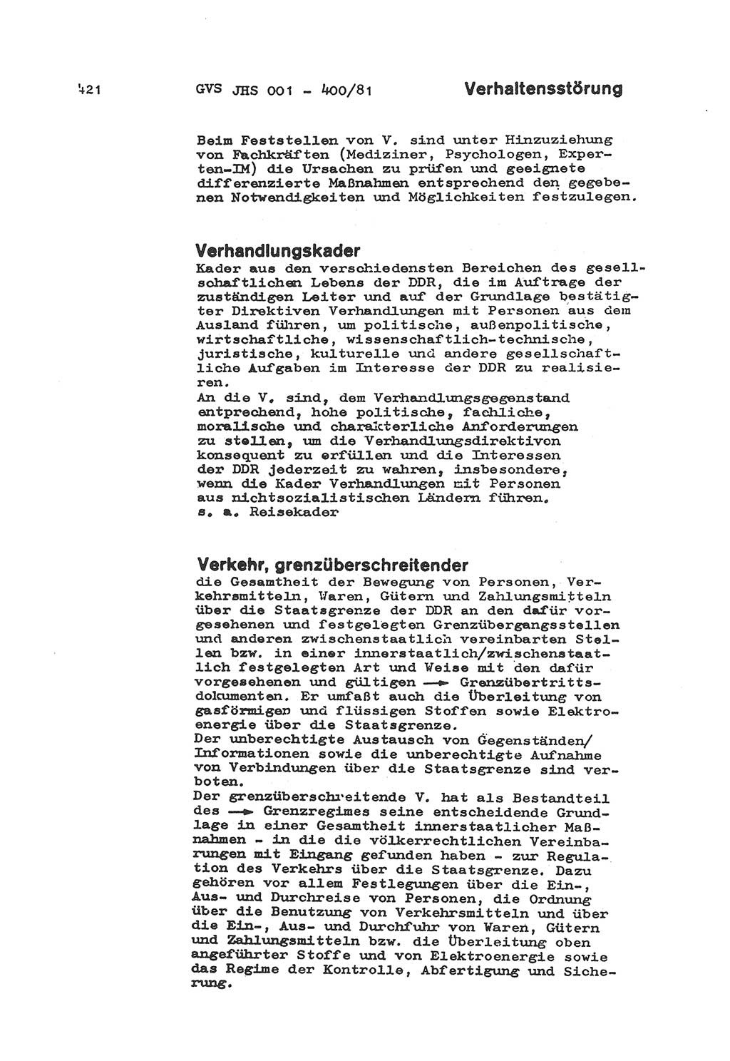 Wörterbuch der politisch-operativen Arbeit, Ministerium für Staatssicherheit (MfS) [Deutsche Demokratische Republik (DDR)], Juristische Hochschule (JHS), Geheime Verschlußsache (GVS) o001-400/81, Potsdam 1985, Blatt 421 (Wb. pol.-op. Arb. MfS DDR JHS GVS o001-400/81 1985, Bl. 421)