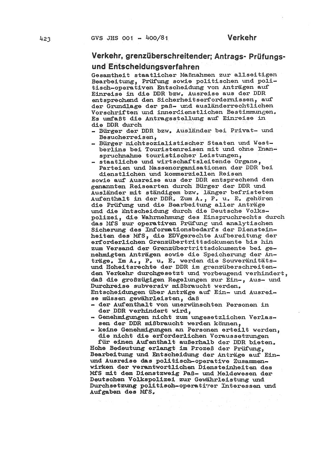 Wörterbuch der politisch-operativen Arbeit, Ministerium für Staatssicherheit (MfS) [Deutsche Demokratische Republik (DDR)], Juristische Hochschule (JHS), Geheime Verschlußsache (GVS) o001-400/81, Potsdam 1985, Blatt 423 (Wb. pol.-op. Arb. MfS DDR JHS GVS o001-400/81 1985, Bl. 423)