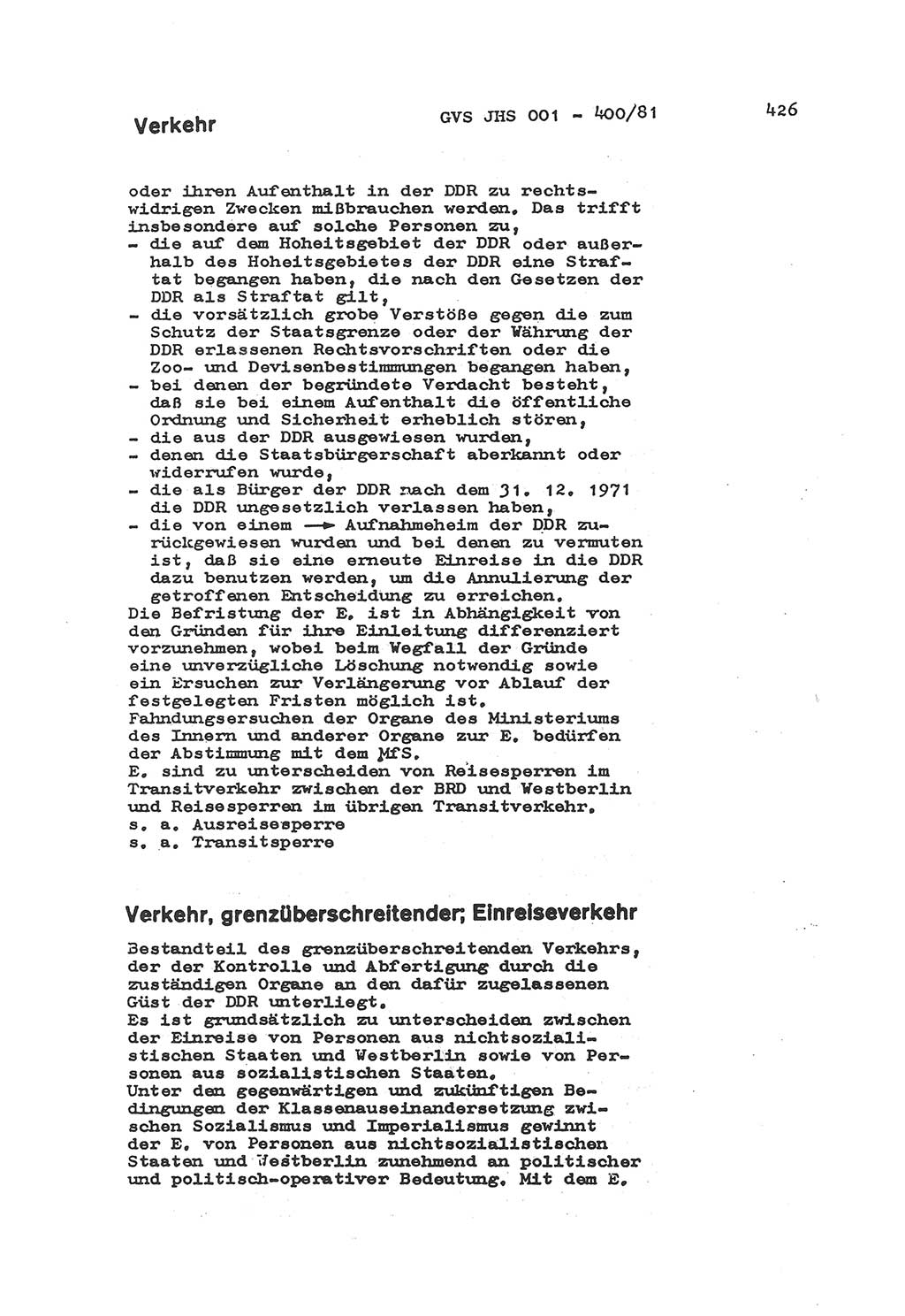 Wörterbuch der politisch-operativen Arbeit, Ministerium für Staatssicherheit (MfS) [Deutsche Demokratische Republik (DDR)], Juristische Hochschule (JHS), Geheime Verschlußsache (GVS) o001-400/81, Potsdam 1985, Blatt 426 (Wb. pol.-op. Arb. MfS DDR JHS GVS o001-400/81 1985, Bl. 426)