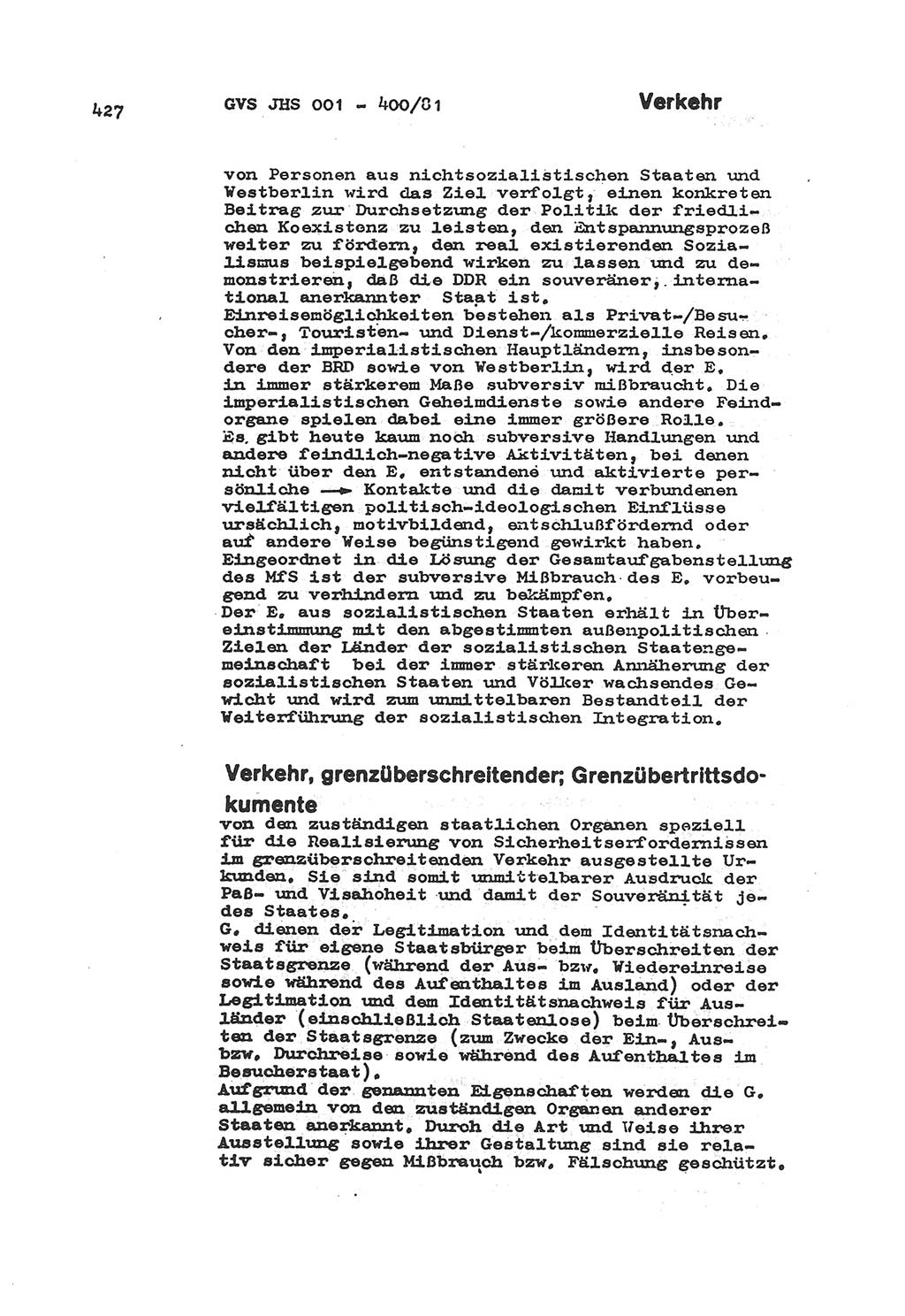 Wörterbuch der politisch-operativen Arbeit, Ministerium für Staatssicherheit (MfS) [Deutsche Demokratische Republik (DDR)], Juristische Hochschule (JHS), Geheime Verschlußsache (GVS) o001-400/81, Potsdam 1985, Blatt 427 (Wb. pol.-op. Arb. MfS DDR JHS GVS o001-400/81 1985, Bl. 427)