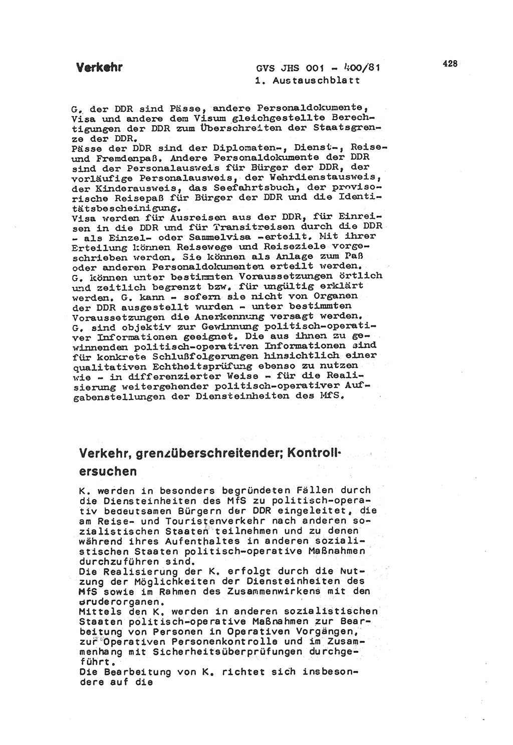 Wörterbuch der politisch-operativen Arbeit, Ministerium für Staatssicherheit (MfS) [Deutsche Demokratische Republik (DDR)], Juristische Hochschule (JHS), Geheime Verschlußsache (GVS) o001-400/81, Potsdam 1985, Blatt 428 (Wb. pol.-op. Arb. MfS DDR JHS GVS o001-400/81 1985, Bl. 428)