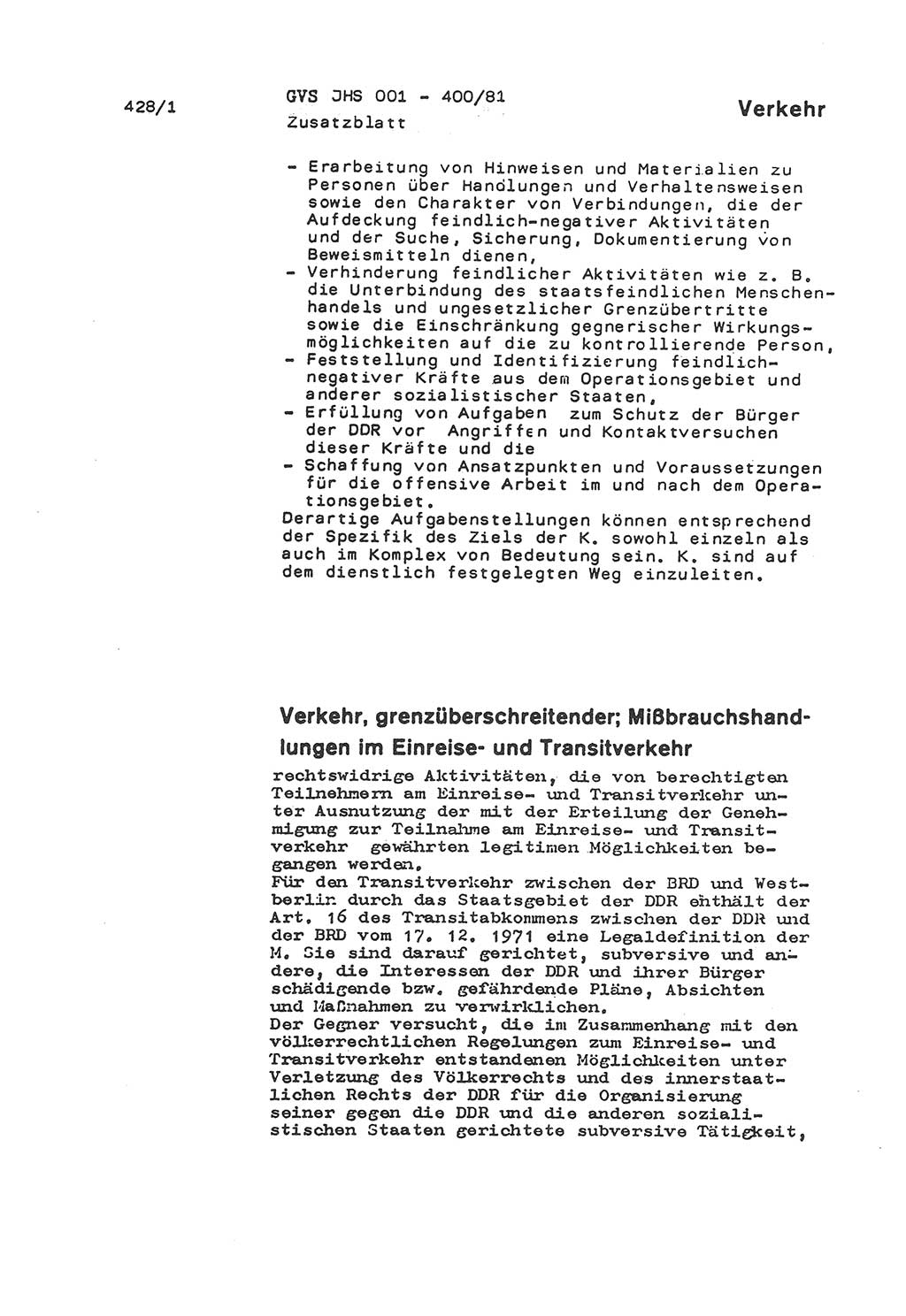 Wörterbuch der politisch-operativen Arbeit, Ministerium für Staatssicherheit (MfS) [Deutsche Demokratische Republik (DDR)], Juristische Hochschule (JHS), Geheime Verschlußsache (GVS) o001-400/81, Potsdam 1985, Blatt 428/1 (Wb. pol.-op. Arb. MfS DDR JHS GVS o001-400/81 1985, Bl. 428/1)