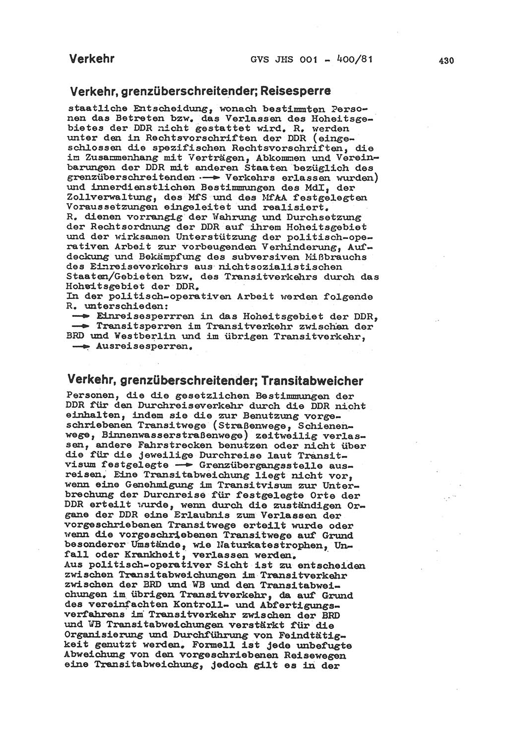 Wörterbuch der politisch-operativen Arbeit, Ministerium für Staatssicherheit (MfS) [Deutsche Demokratische Republik (DDR)], Juristische Hochschule (JHS), Geheime Verschlußsache (GVS) o001-400/81, Potsdam 1985, Blatt 430 (Wb. pol.-op. Arb. MfS DDR JHS GVS o001-400/81 1985, Bl. 430)