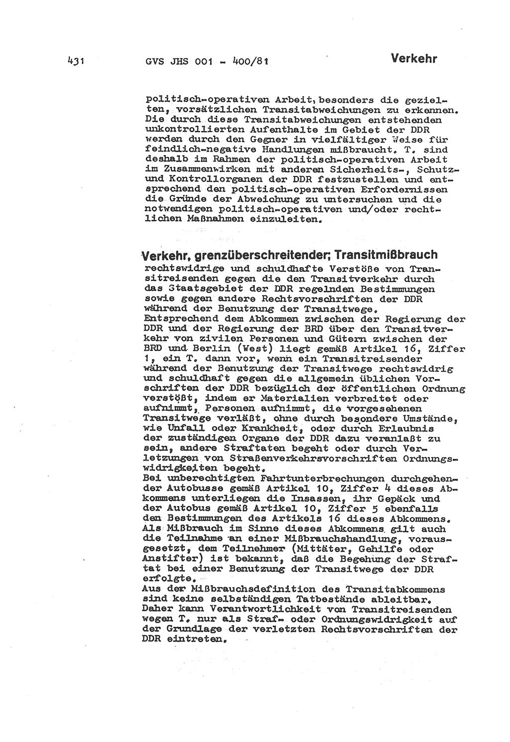 Wörterbuch der politisch-operativen Arbeit, Ministerium für Staatssicherheit (MfS) [Deutsche Demokratische Republik (DDR)], Juristische Hochschule (JHS), Geheime Verschlußsache (GVS) o001-400/81, Potsdam 1985, Blatt 431 (Wb. pol.-op. Arb. MfS DDR JHS GVS o001-400/81 1985, Bl. 431)