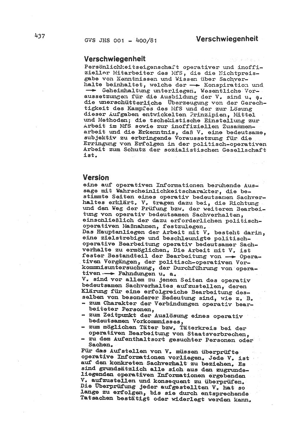 Wörterbuch der politisch-operativen Arbeit, Ministerium für Staatssicherheit (MfS) [Deutsche Demokratische Republik (DDR)], Juristische Hochschule (JHS), Geheime Verschlußsache (GVS) o001-400/81, Potsdam 1985, Blatt 437 (Wb. pol.-op. Arb. MfS DDR JHS GVS o001-400/81 1985, Bl. 437)