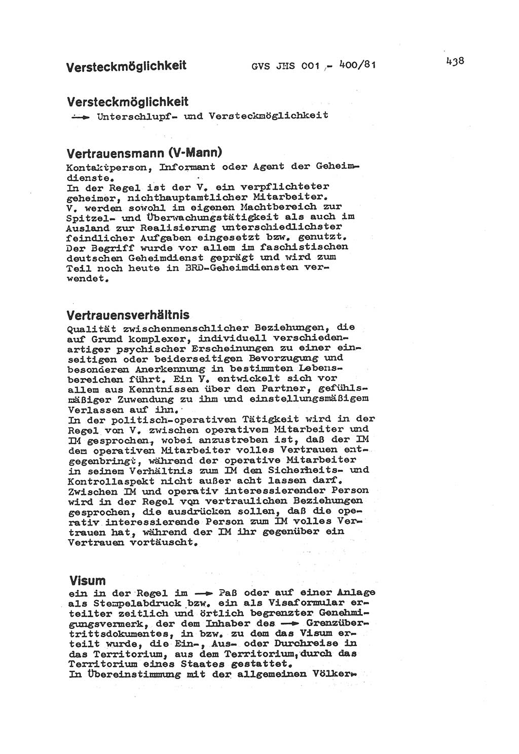 Wörterbuch der politisch-operativen Arbeit, Ministerium für Staatssicherheit (MfS) [Deutsche Demokratische Republik (DDR)], Juristische Hochschule (JHS), Geheime Verschlußsache (GVS) o001-400/81, Potsdam 1985, Blatt 438 (Wb. pol.-op. Arb. MfS DDR JHS GVS o001-400/81 1985, Bl. 438)
