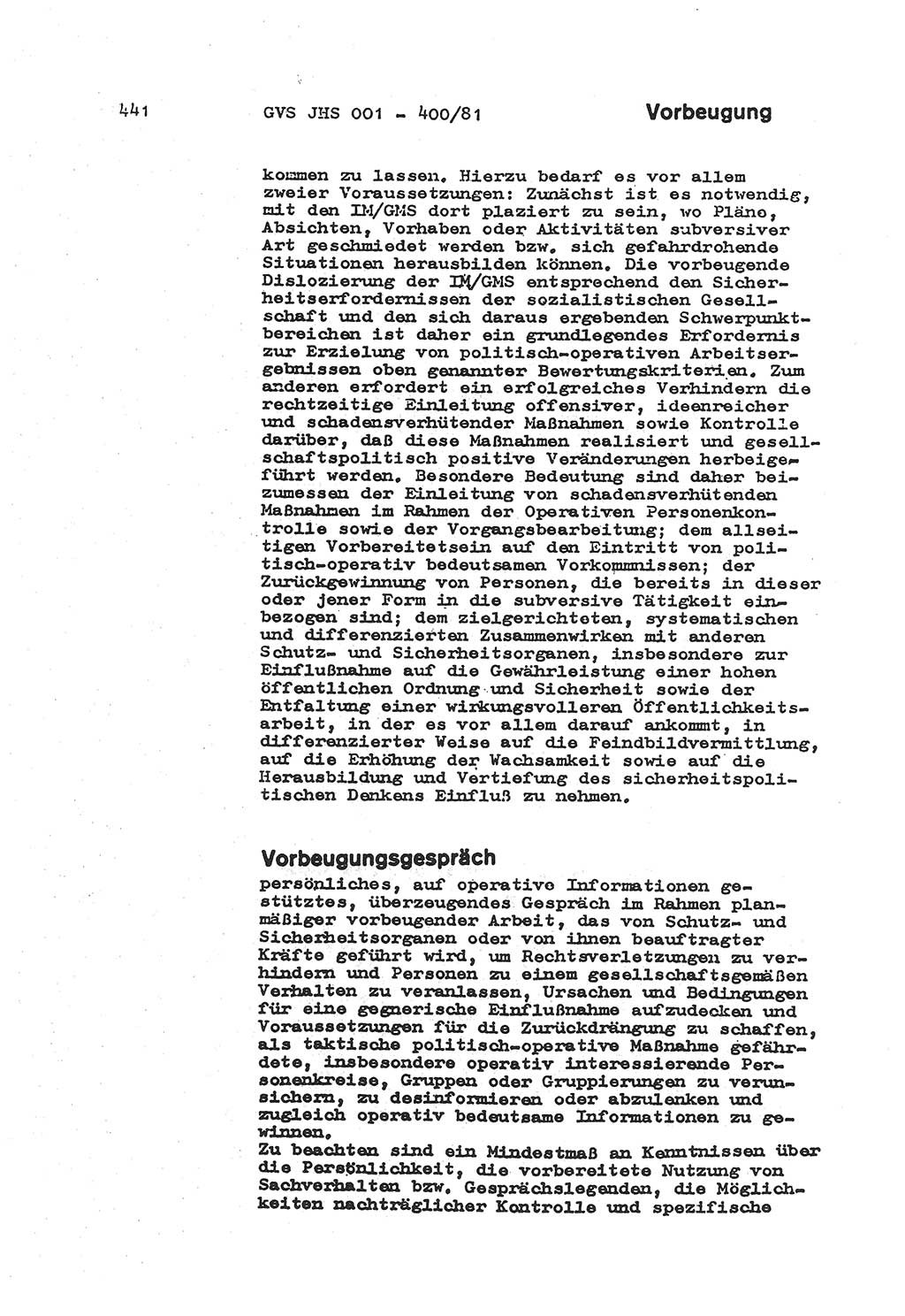 Wörterbuch der politisch-operativen Arbeit, Ministerium für Staatssicherheit (MfS) [Deutsche Demokratische Republik (DDR)], Juristische Hochschule (JHS), Geheime Verschlußsache (GVS) o001-400/81, Potsdam 1985, Blatt 441 (Wb. pol.-op. Arb. MfS DDR JHS GVS o001-400/81 1985, Bl. 441)