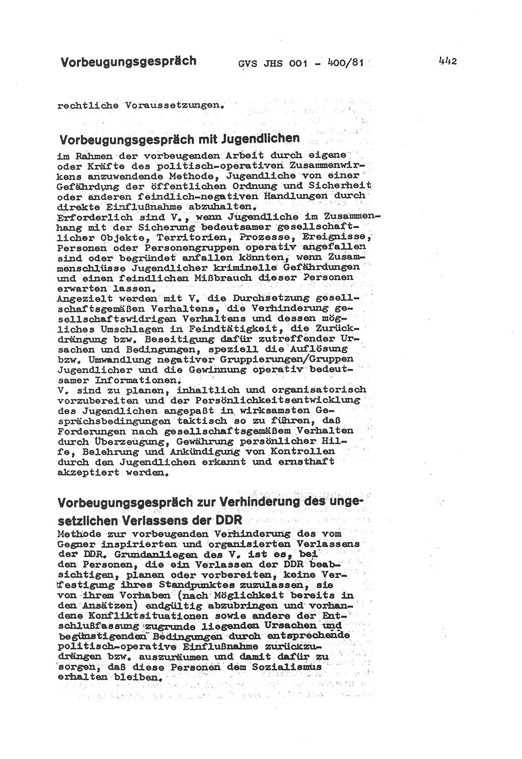 Wörterbuch der politisch-operativen Arbeit, Ministerium für Staatssicherheit (MfS) [Deutsche Demokratische Republik (DDR)], Juristische Hochschule (JHS), Geheime Verschlußsache (GVS) o001-400/81, Potsdam 1985, Blatt 442 (Wb. pol.-op. Arb. MfS DDR JHS GVS o001-400/81 1985, Bl. 442)