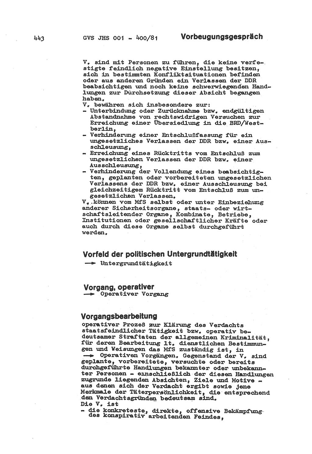 Wörterbuch der politisch-operativen Arbeit, Ministerium für Staatssicherheit (MfS) [Deutsche Demokratische Republik (DDR)], Juristische Hochschule (JHS), Geheime Verschlußsache (GVS) o001-400/81, Potsdam 1985, Blatt 443 (Wb. pol.-op. Arb. MfS DDR JHS GVS o001-400/81 1985, Bl. 443)