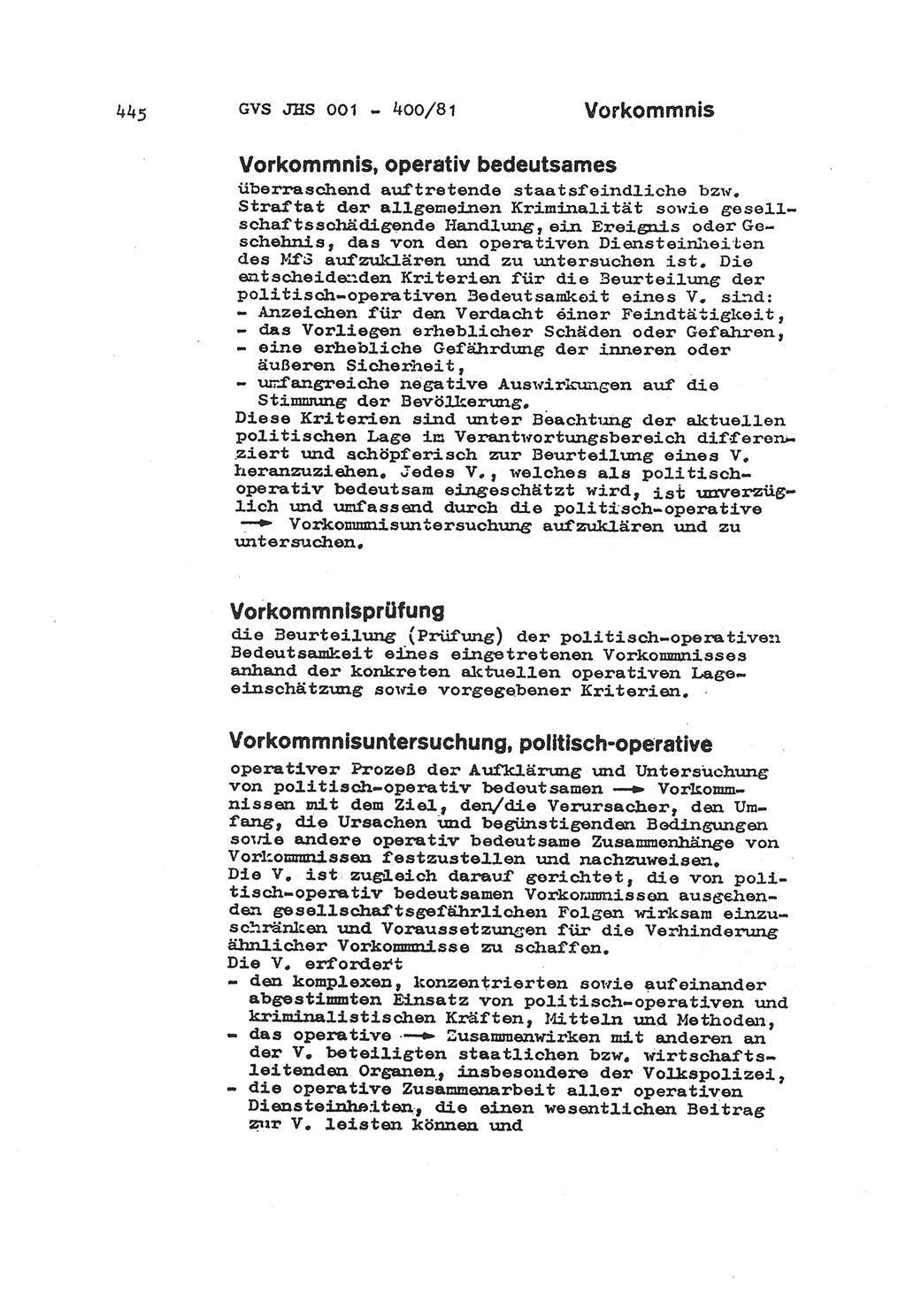Wörterbuch der politisch-operativen Arbeit, Ministerium für Staatssicherheit (MfS) [Deutsche Demokratische Republik (DDR)], Juristische Hochschule (JHS), Geheime Verschlußsache (GVS) o001-400/81, Potsdam 1985, Blatt 445 (Wb. pol.-op. Arb. MfS DDR JHS GVS o001-400/81 1985, Bl. 445)