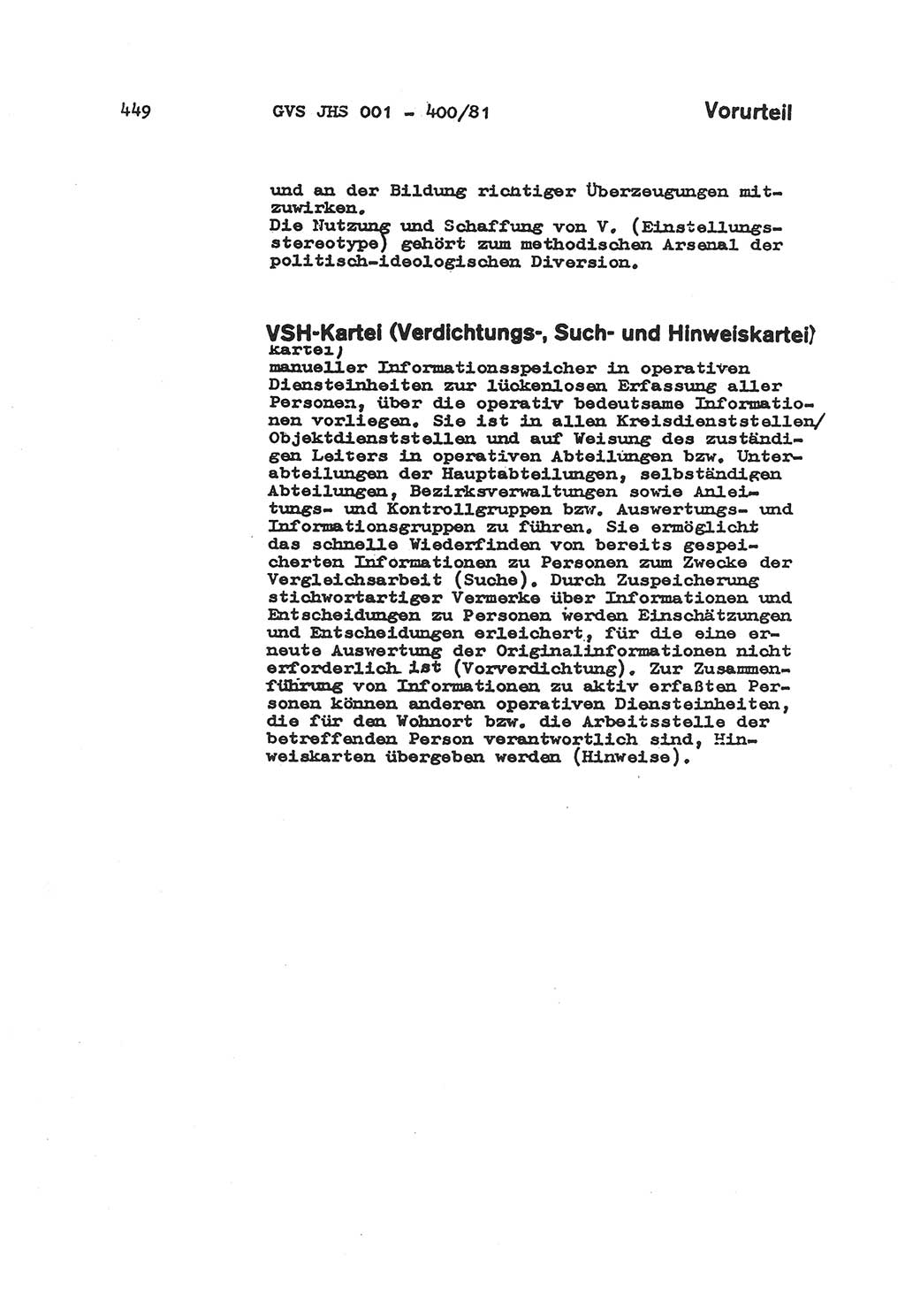 Wörterbuch der politisch-operativen Arbeit, Ministerium für Staatssicherheit (MfS) [Deutsche Demokratische Republik (DDR)], Juristische Hochschule (JHS), Geheime Verschlußsache (GVS) o001-400/81, Potsdam 1985, Blatt 449 (Wb. pol.-op. Arb. MfS DDR JHS GVS o001-400/81 1985, Bl. 449)