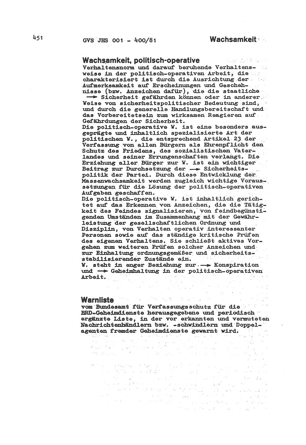 Wörterbuch der politisch-operativen Arbeit, Ministerium für Staatssicherheit (MfS) [Deutsche Demokratische Republik (DDR)], Juristische Hochschule (JHS), Geheime Verschlußsache (GVS) o001-400/81, Potsdam 1985, Blatt 451 (Wb. pol.-op. Arb. MfS DDR JHS GVS o001-400/81 1985, Bl. 451)