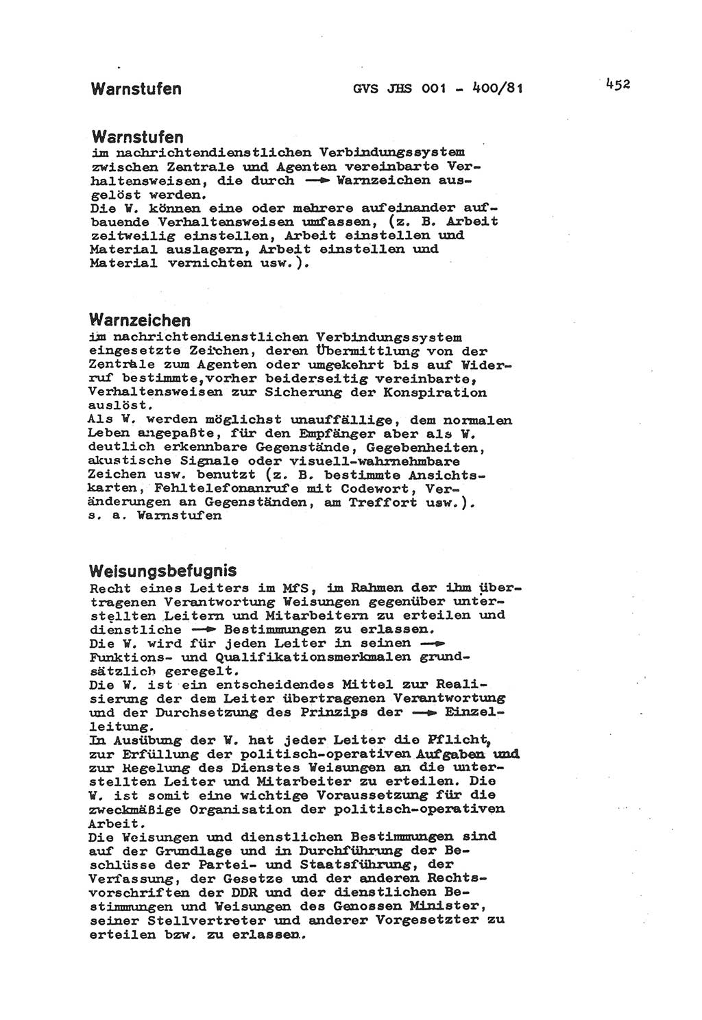 Wörterbuch der politisch-operativen Arbeit, Ministerium für Staatssicherheit (MfS) [Deutsche Demokratische Republik (DDR)], Juristische Hochschule (JHS), Geheime Verschlußsache (GVS) o001-400/81, Potsdam 1985, Blatt 452 (Wb. pol.-op. Arb. MfS DDR JHS GVS o001-400/81 1985, Bl. 452)