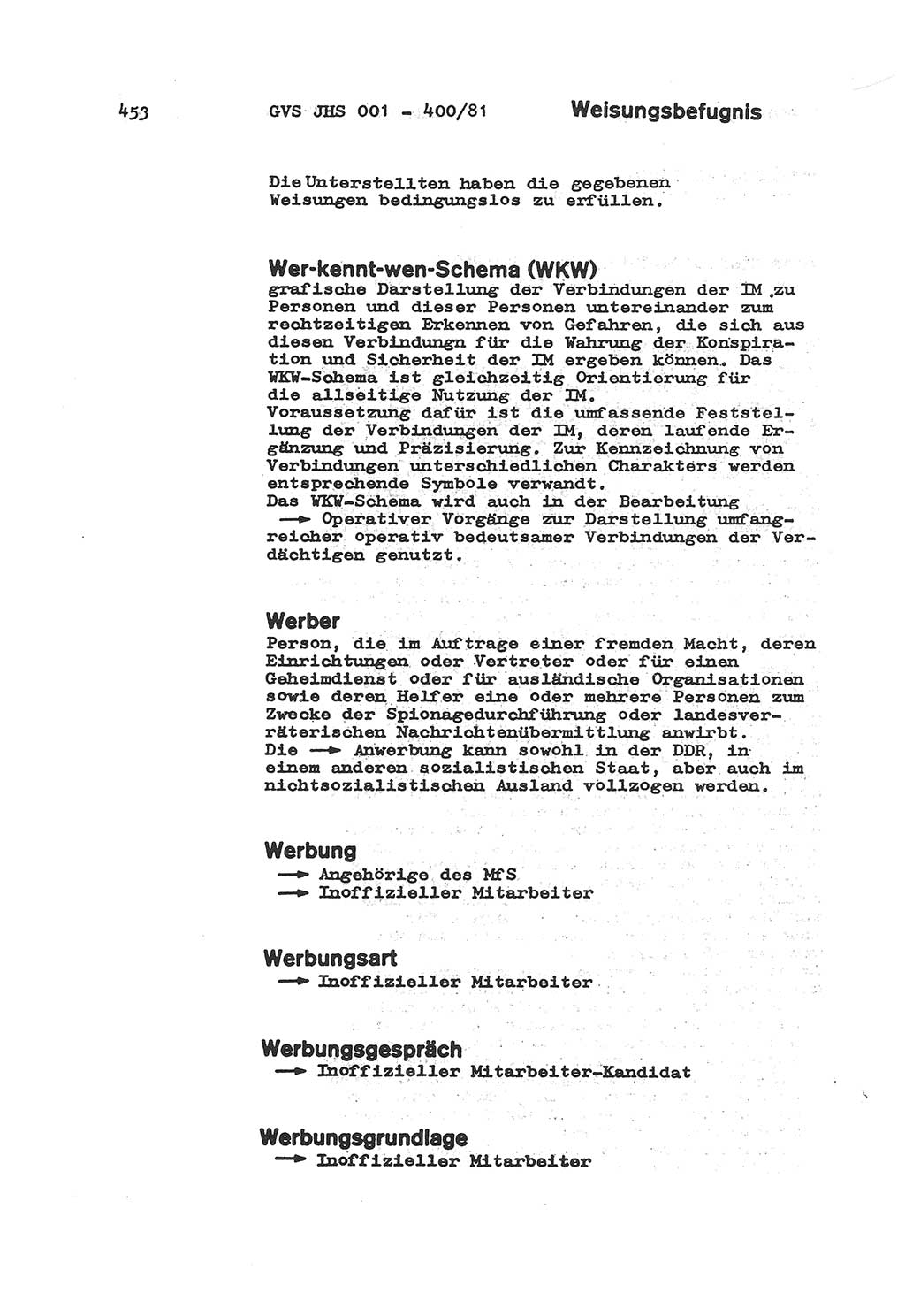 Wörterbuch der politisch-operativen Arbeit, Ministerium für Staatssicherheit (MfS) [Deutsche Demokratische Republik (DDR)], Juristische Hochschule (JHS), Geheime Verschlußsache (GVS) o001-400/81, Potsdam 1985, Blatt 453 (Wb. pol.-op. Arb. MfS DDR JHS GVS o001-400/81 1985, Bl. 453)
