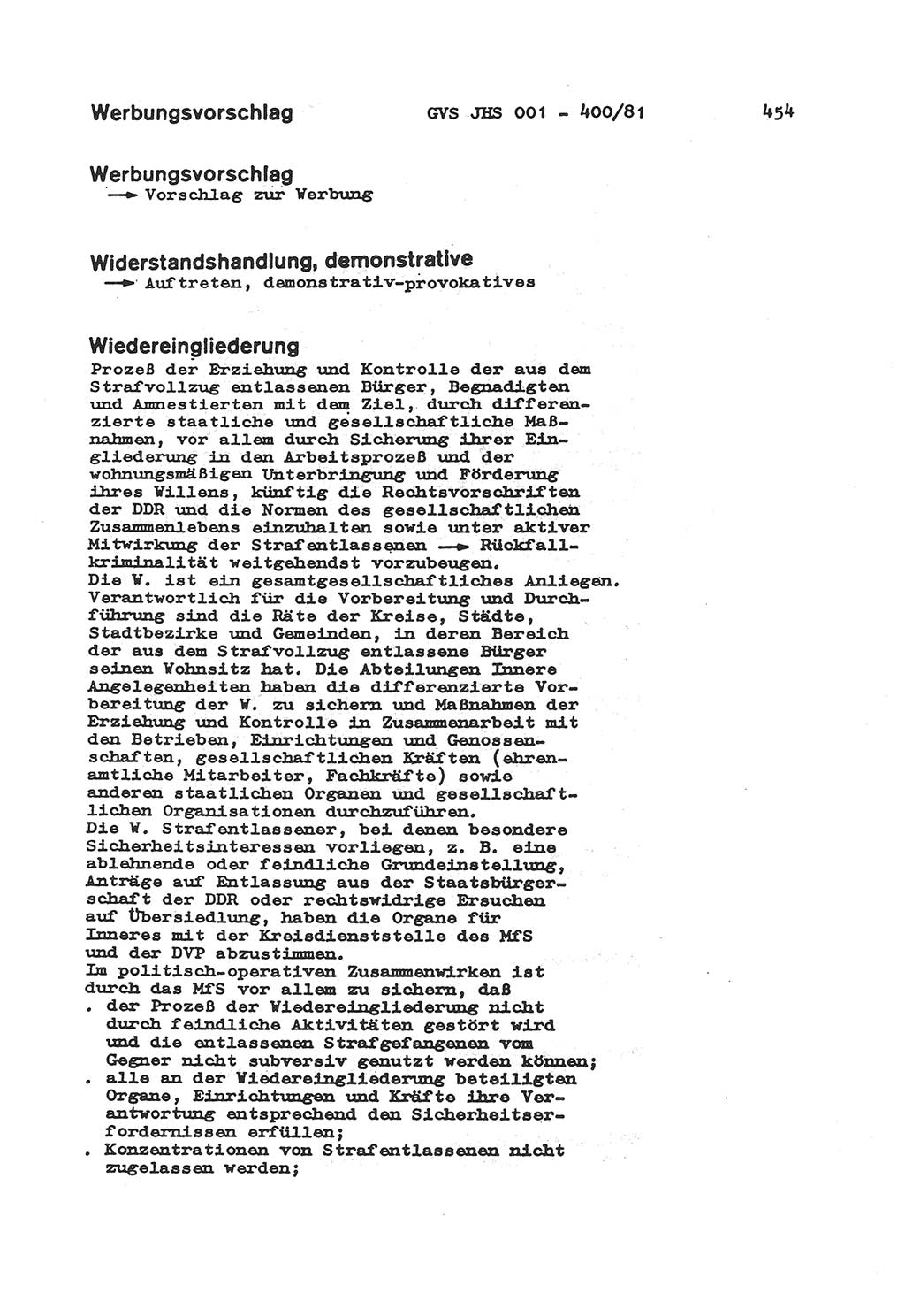 Wörterbuch der politisch-operativen Arbeit, Ministerium für Staatssicherheit (MfS) [Deutsche Demokratische Republik (DDR)], Juristische Hochschule (JHS), Geheime Verschlußsache (GVS) o001-400/81, Potsdam 1985, Blatt 454 (Wb. pol.-op. Arb. MfS DDR JHS GVS o001-400/81 1985, Bl. 454)